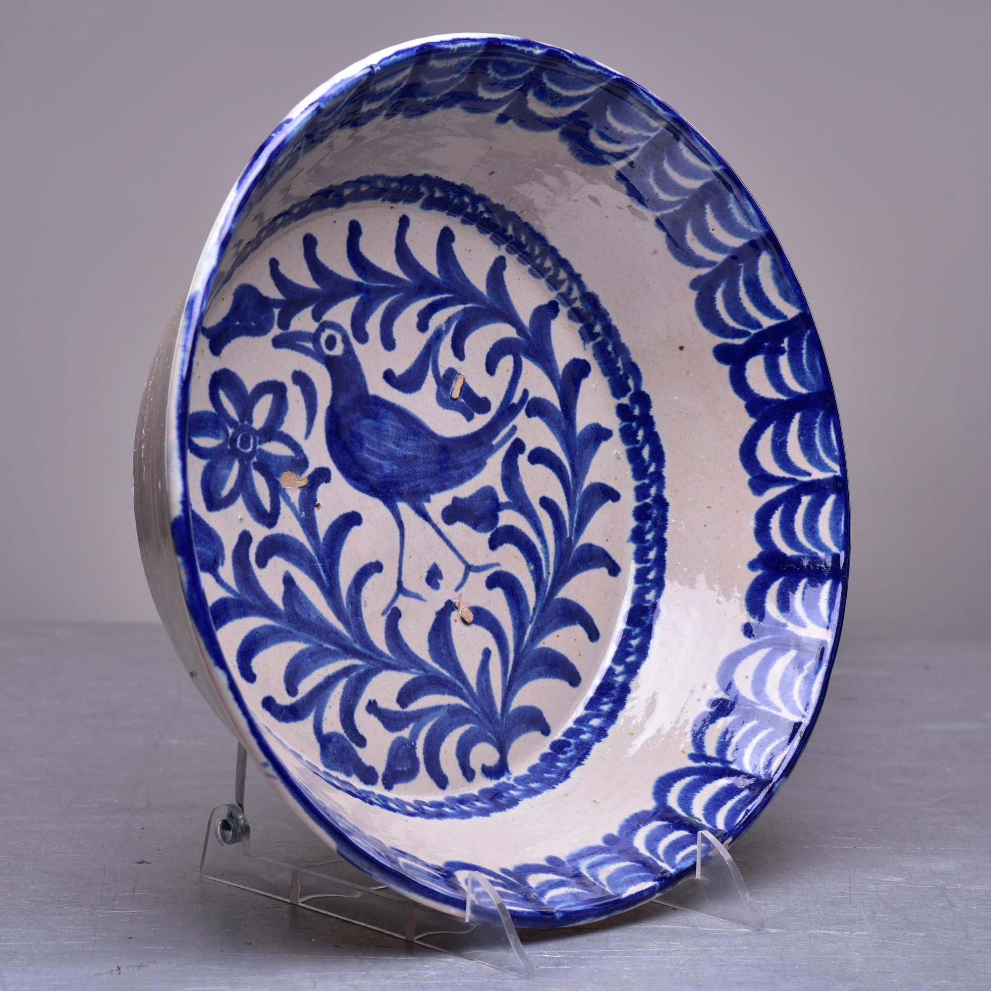 Ceramic 19th C Spanish Blue White Fajalauza Glazed Terra Cotta Bowl with Long Beaked Bir