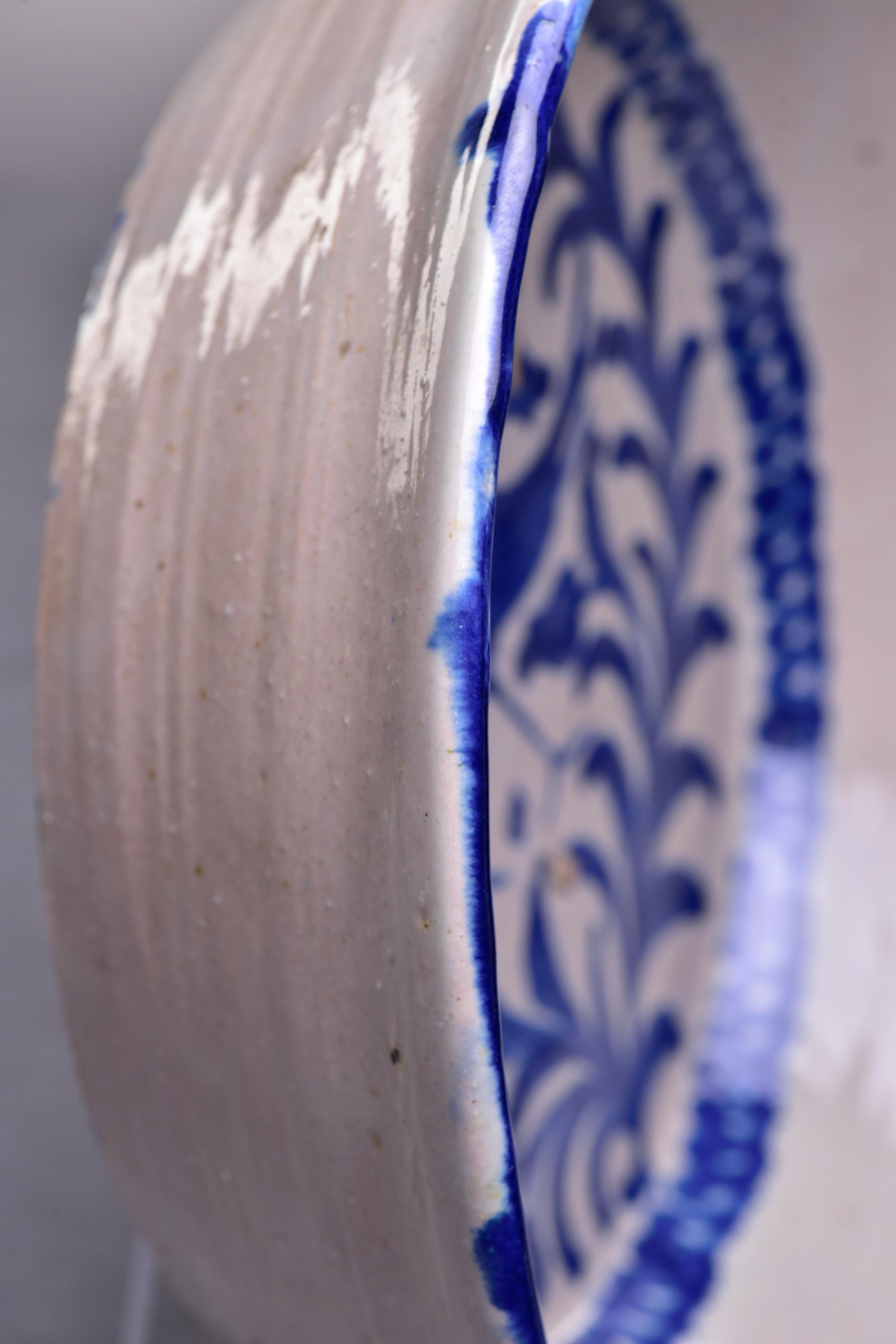 19th C Spanish Blue White Fajalauza Glazed Terra Cotta Bowl with Long Beaked Bir 1