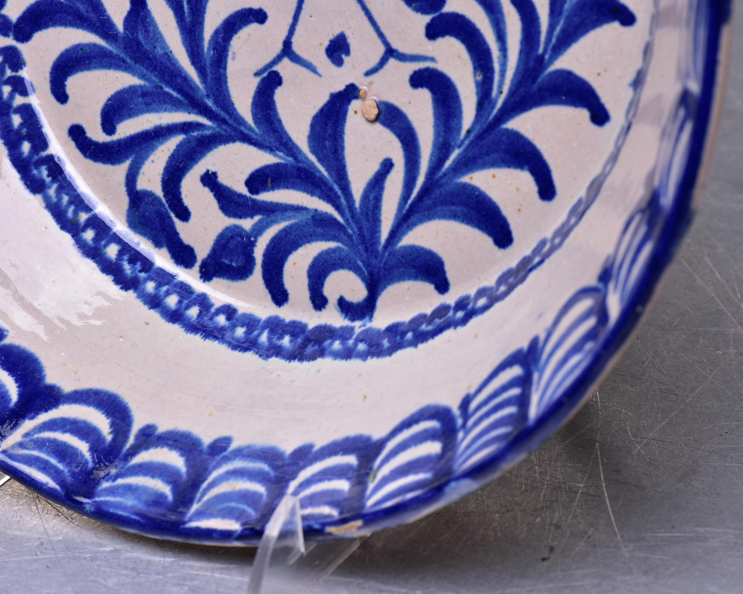 19th C Spanish Blue White Fajalauza Glazed Terra Cotta Bowl with Long Beaked Bir 3