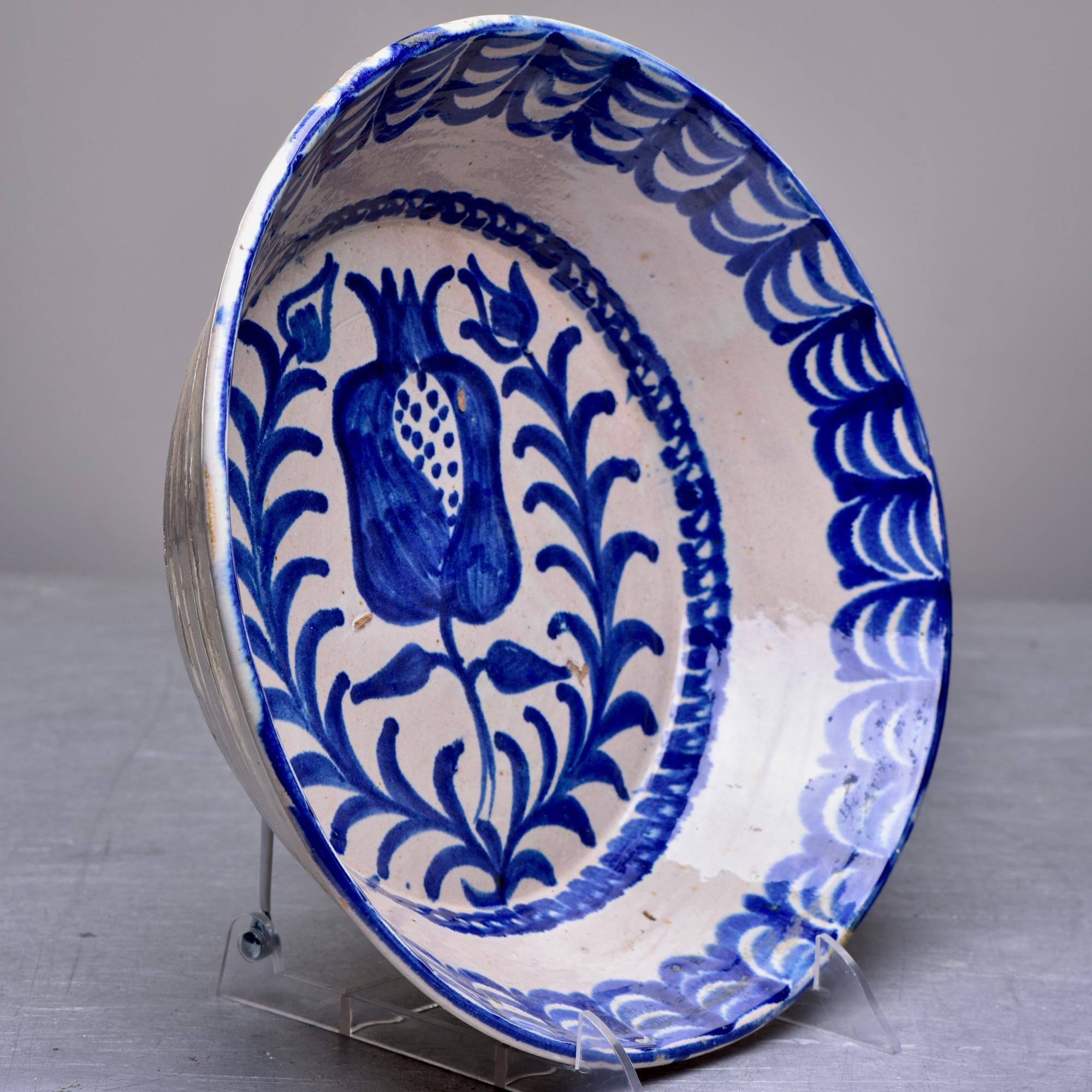 Ceramic 19th C Spanish Blue White Fajalauza Glazed Terra Cotta Bowl with Pomegranate