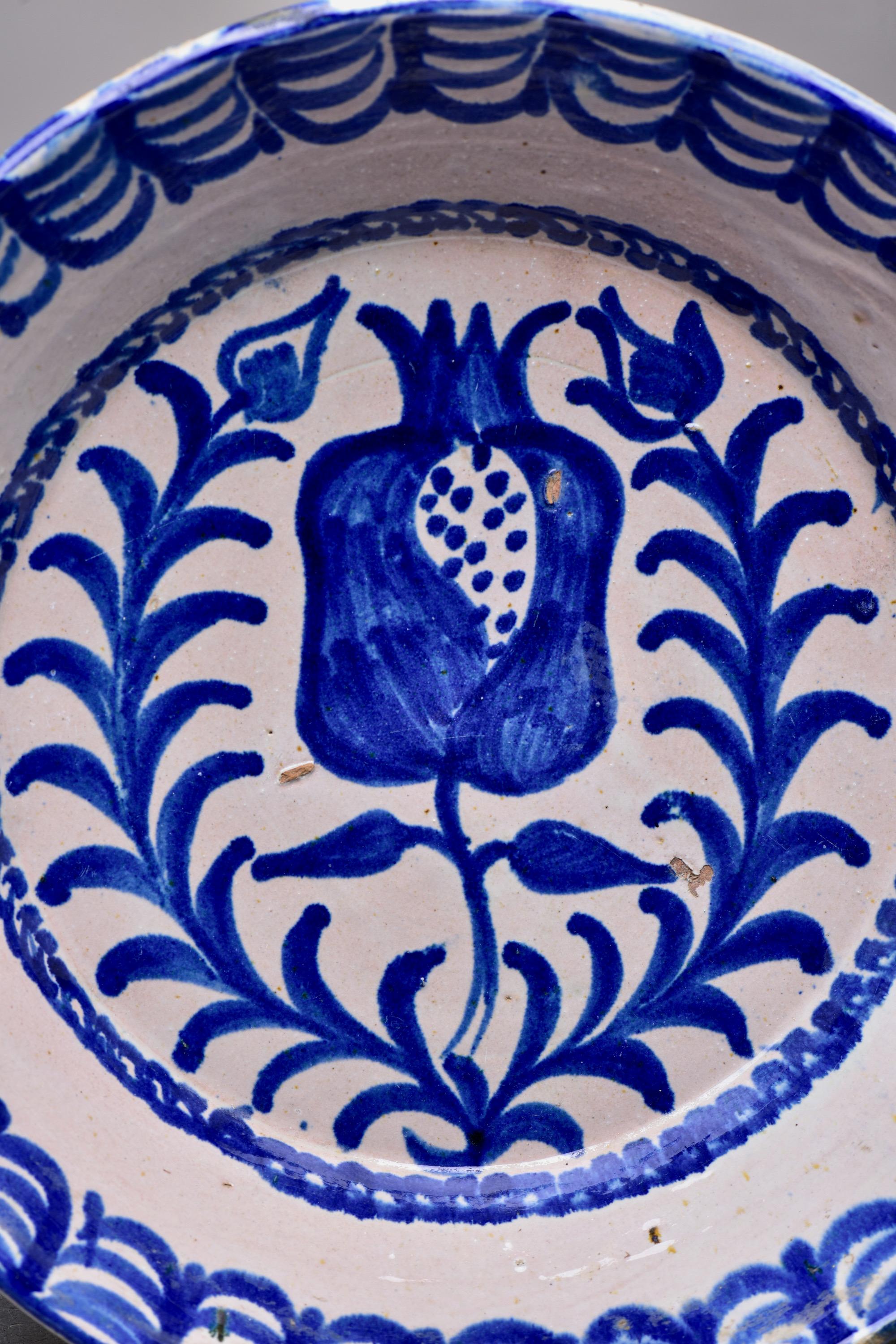 19th C Spanish Blue White Fajalauza Glazed Terra Cotta Bowl with Pomegranate 1