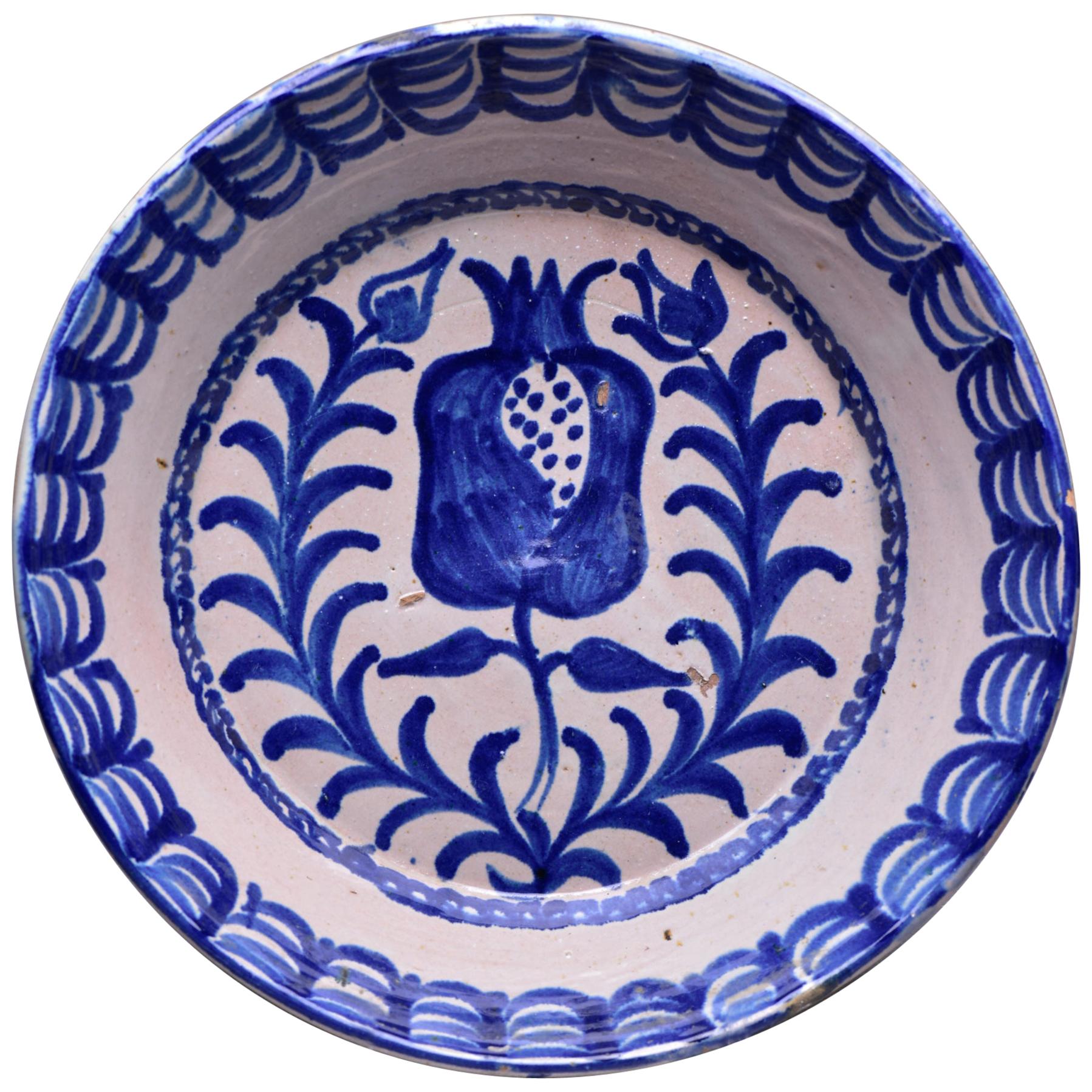 19th C Spanish Blue White Fajalauza Glazed Terra Cotta Bowl with Pomegranate