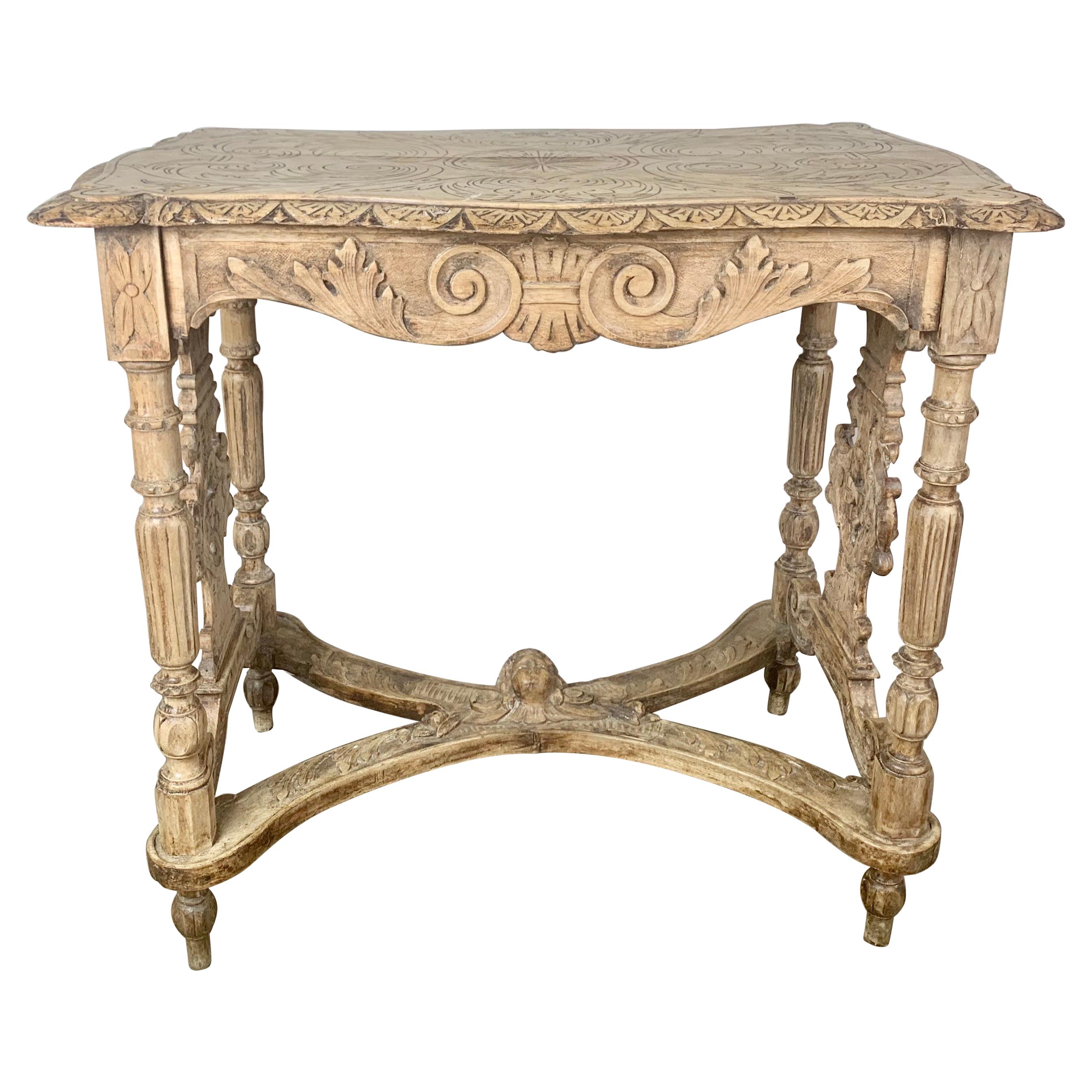 Bleached Carved Wood Table With Eglomise Decoupage Top at 1stDibs