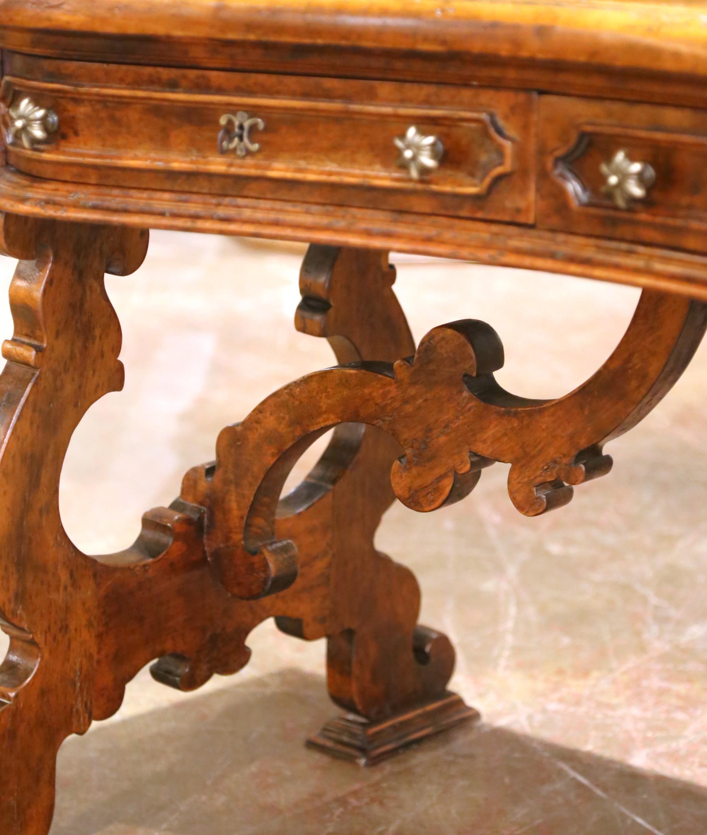 19th C. Spanish Carved Walnut Serpentine Desk with Four Drawers on Trestle Base For Sale 4