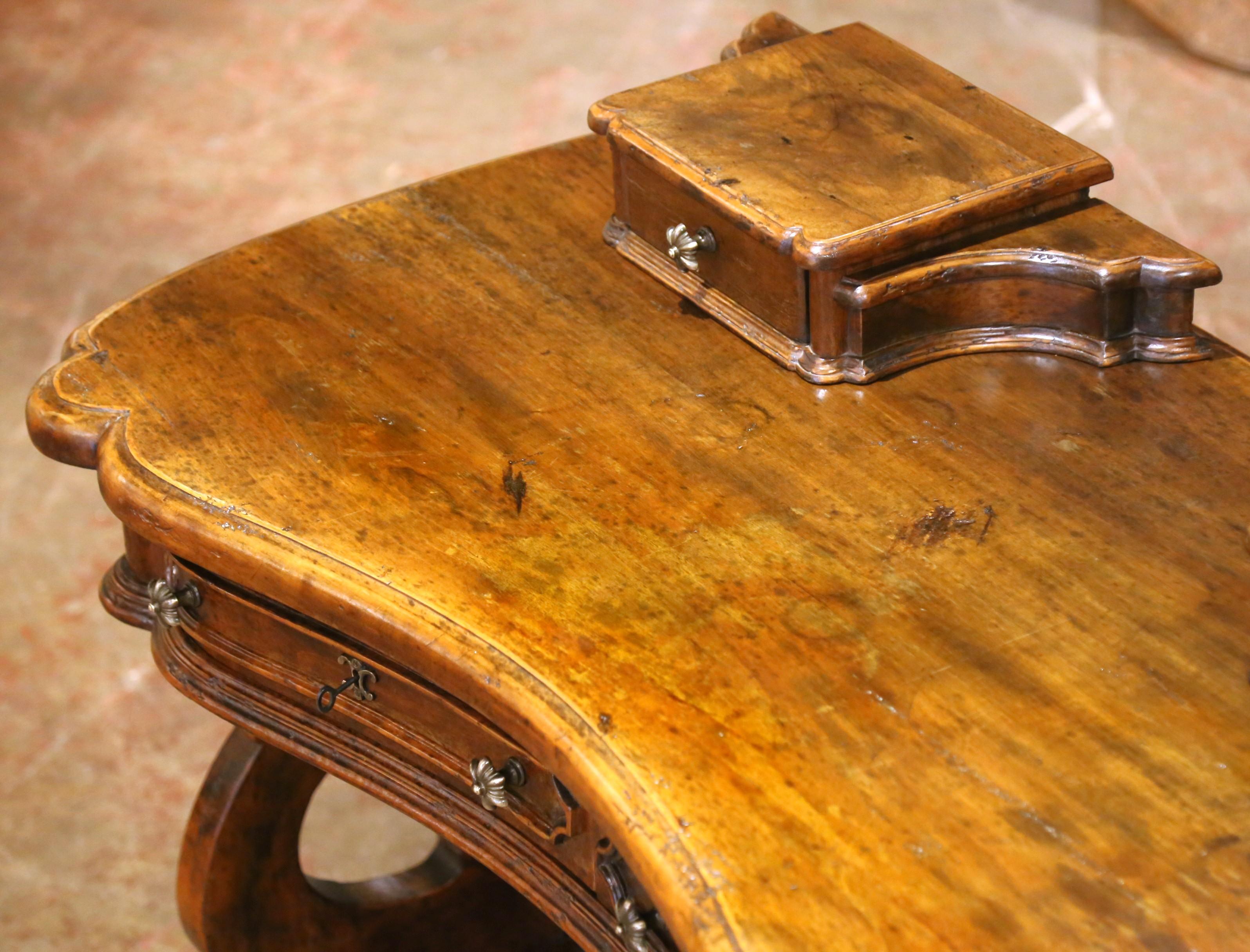 19th C. Spanish Carved Walnut Serpentine Desk with Four Drawers on Trestle Base For Sale 5