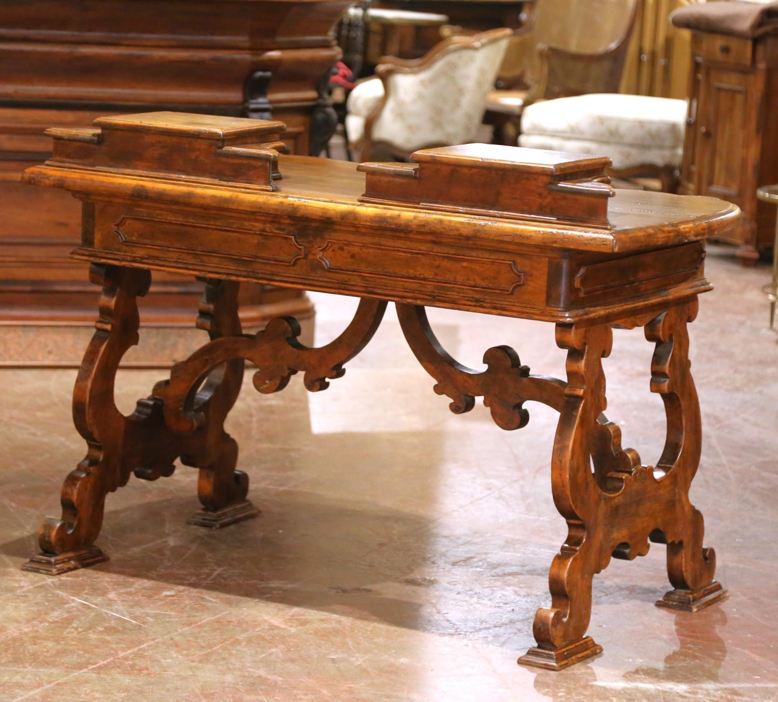 19th C. Spanish Carved Walnut Serpentine Desk with Four Drawers on Trestle Base For Sale 9