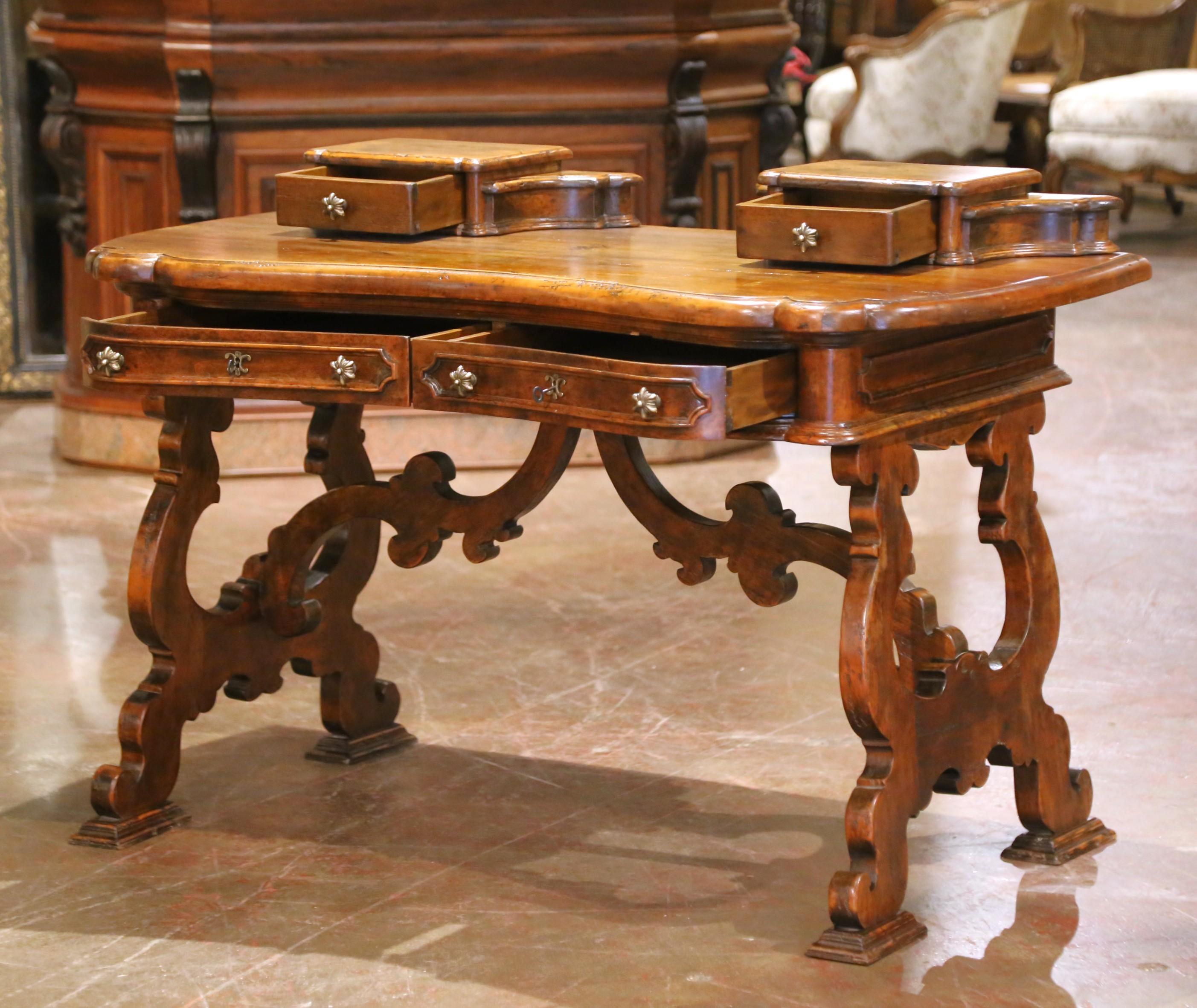 Hand-Carved 19th C. Spanish Carved Walnut Serpentine Desk with Four Drawers on Trestle Base For Sale