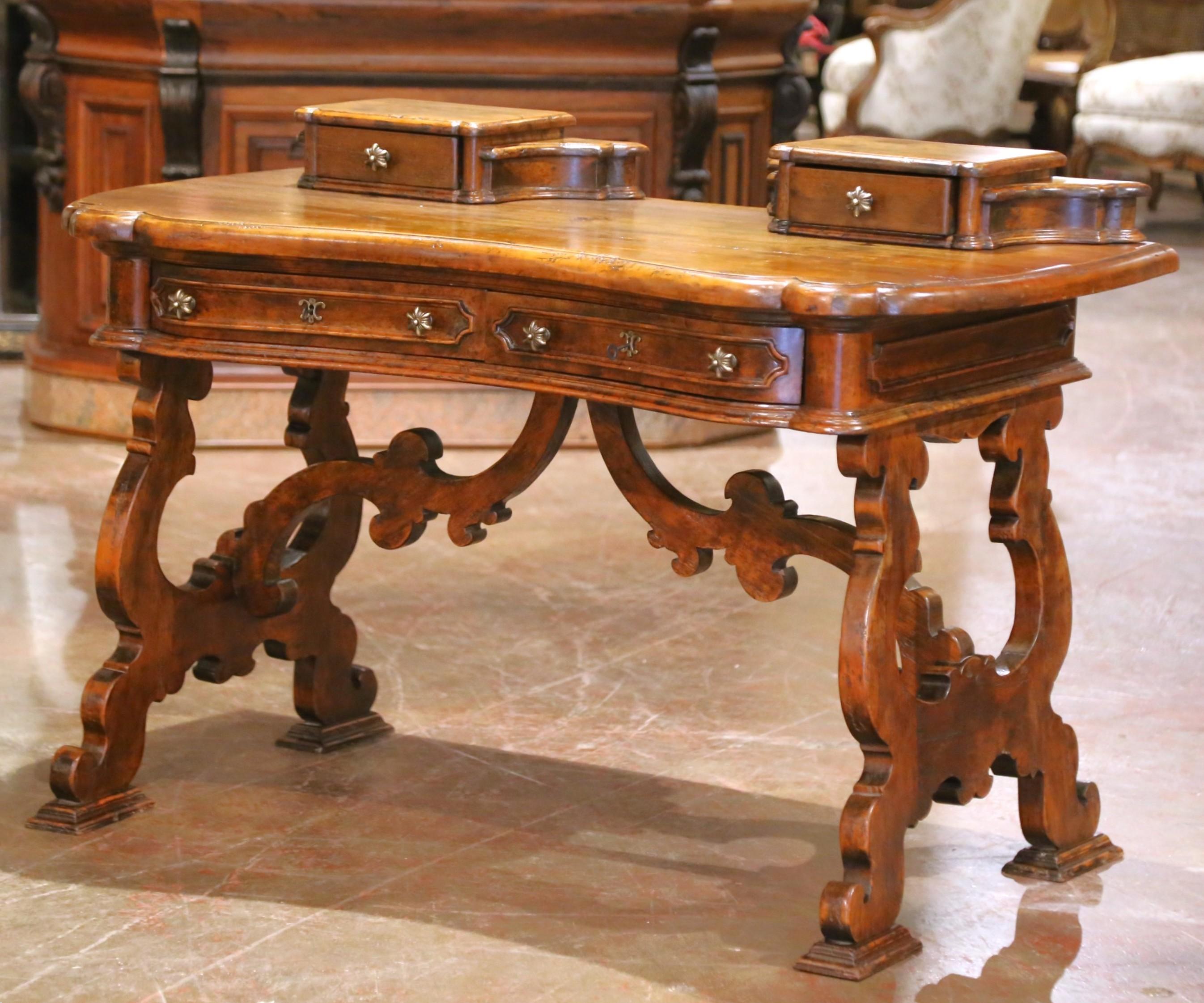 19th C. Spanish Carved Walnut Serpentine Desk with Four Drawers on Trestle Base In Excellent Condition For Sale In Dallas, TX