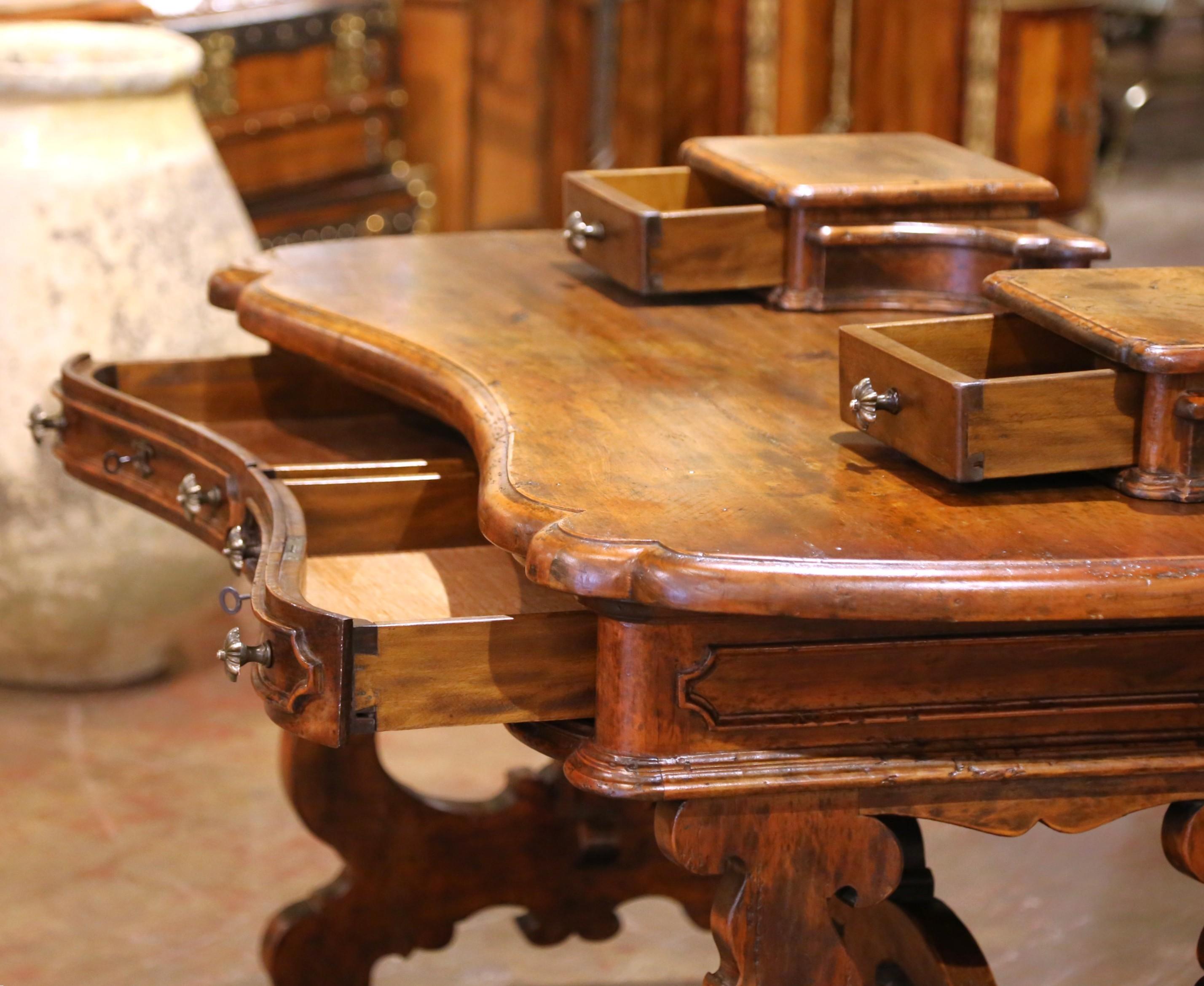 19th Century 19th C. Spanish Carved Walnut Serpentine Desk with Four Drawers on Trestle Base For Sale