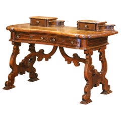 Antique 19th C. Spanish Carved Walnut Serpentine Desk with Four Drawers on Trestle Base