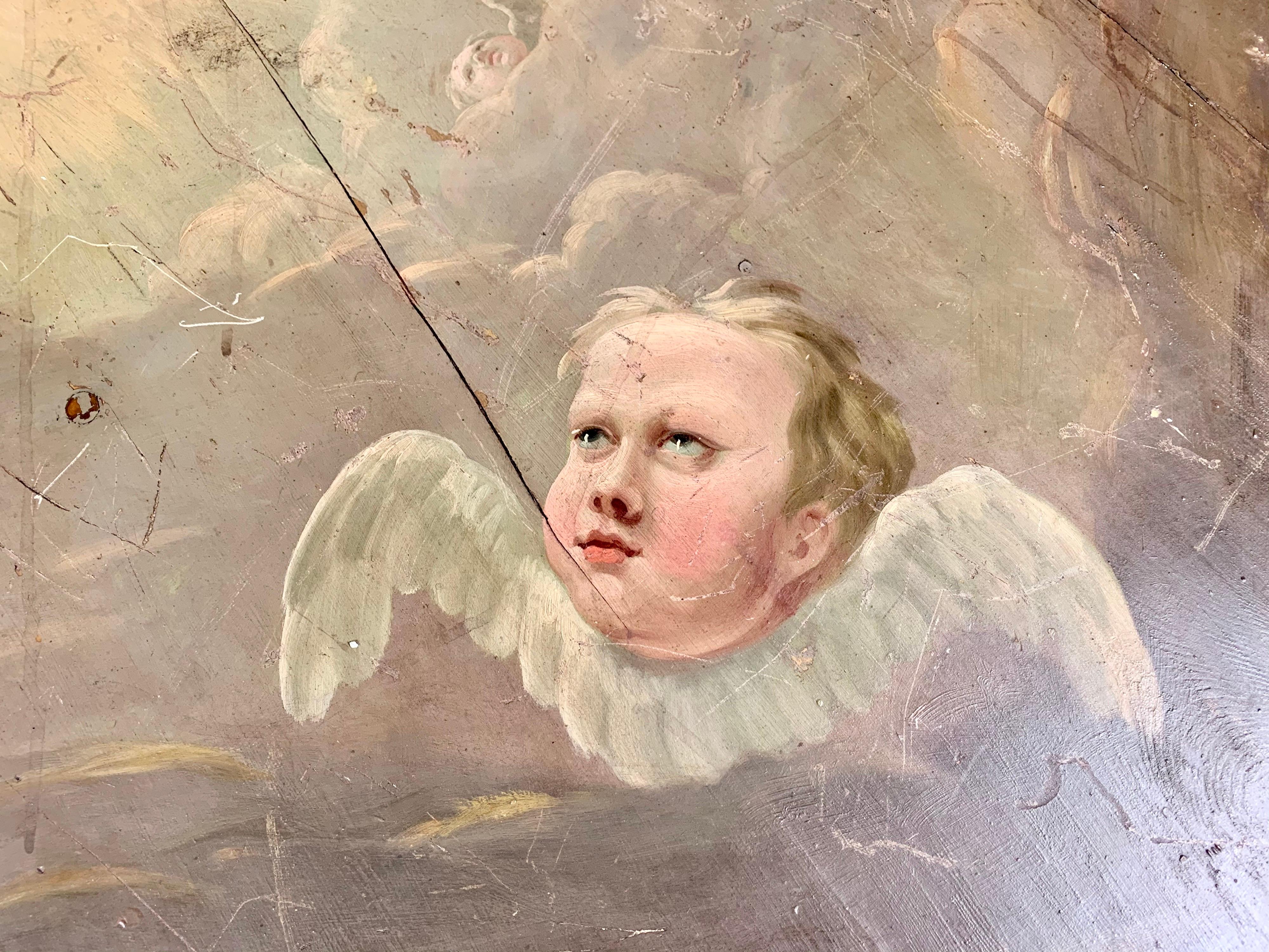 Tavolo da centro spagnolo del XIX secolo con cherubini dipinti In condizioni deteriorate a Los Angeles, CA