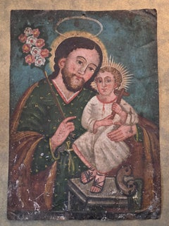 19th C. Spanish Colonial Oil on Tin Retabalo Painting Saint Joseph Christ Child