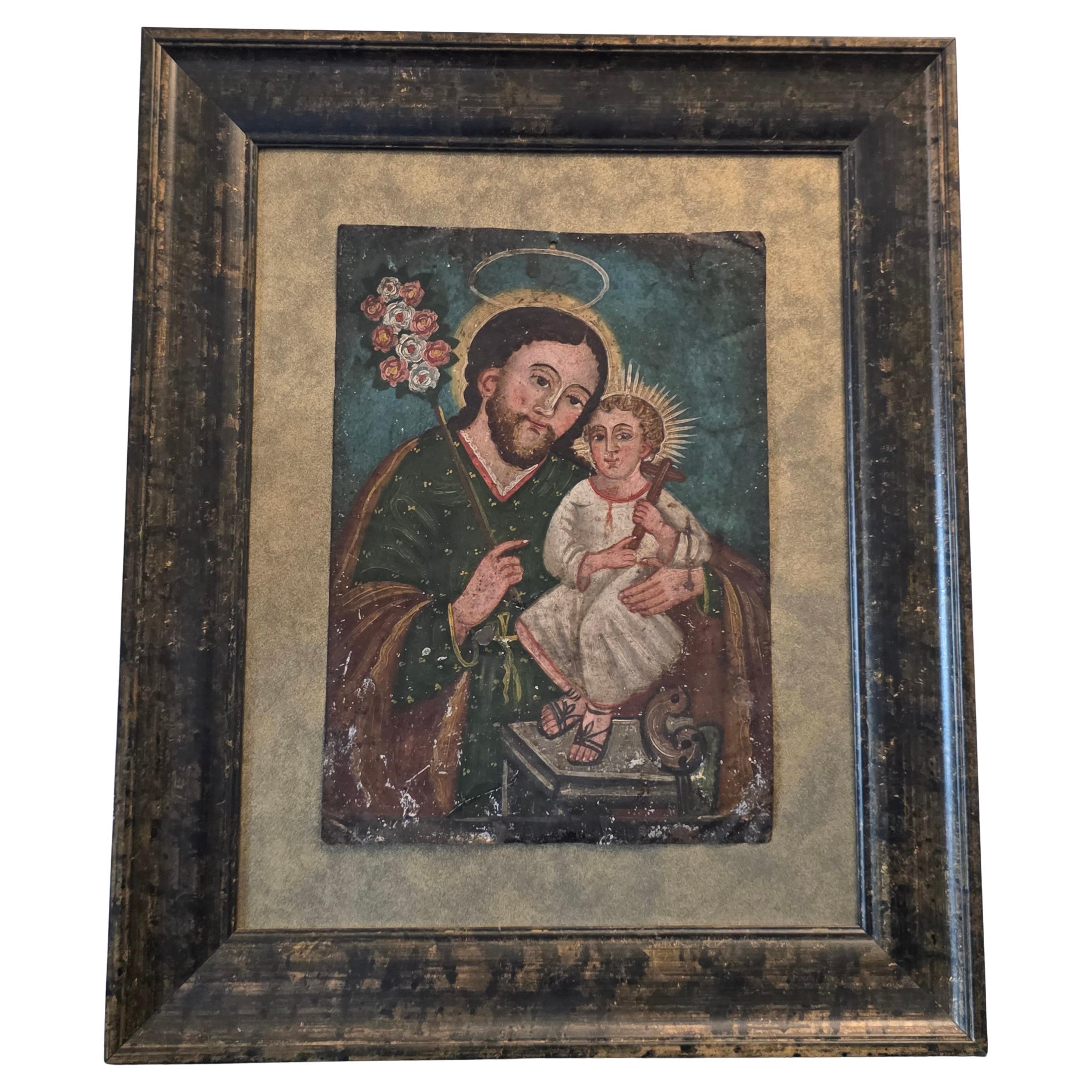 19. Jh. Spanische Kolonialzeit Öl auf Zinn Retabalo Gemälde Saint Joseph Christus Kind