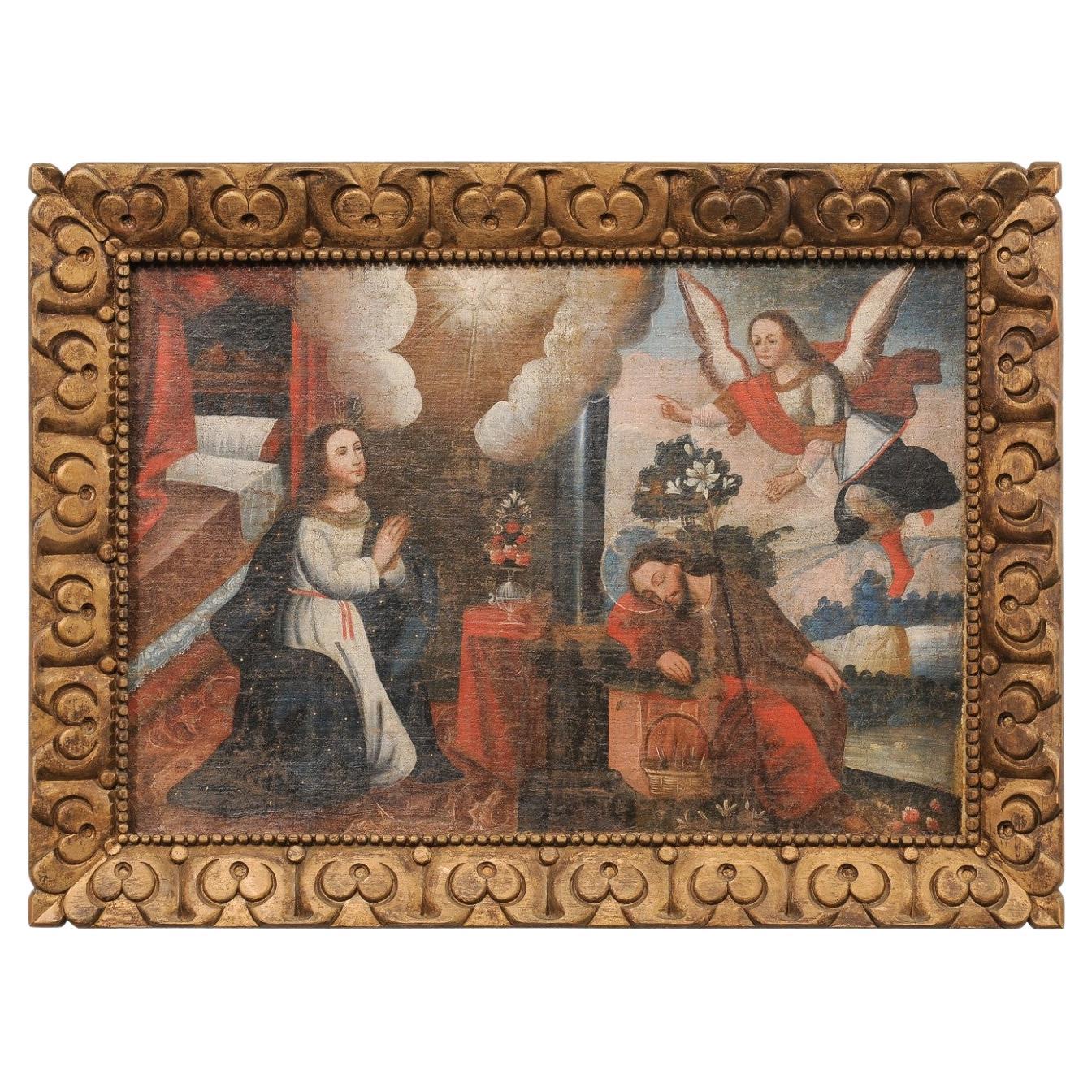 19th C. Spanish Colonial Religious Painting w/ Ornate Giltwood Frame