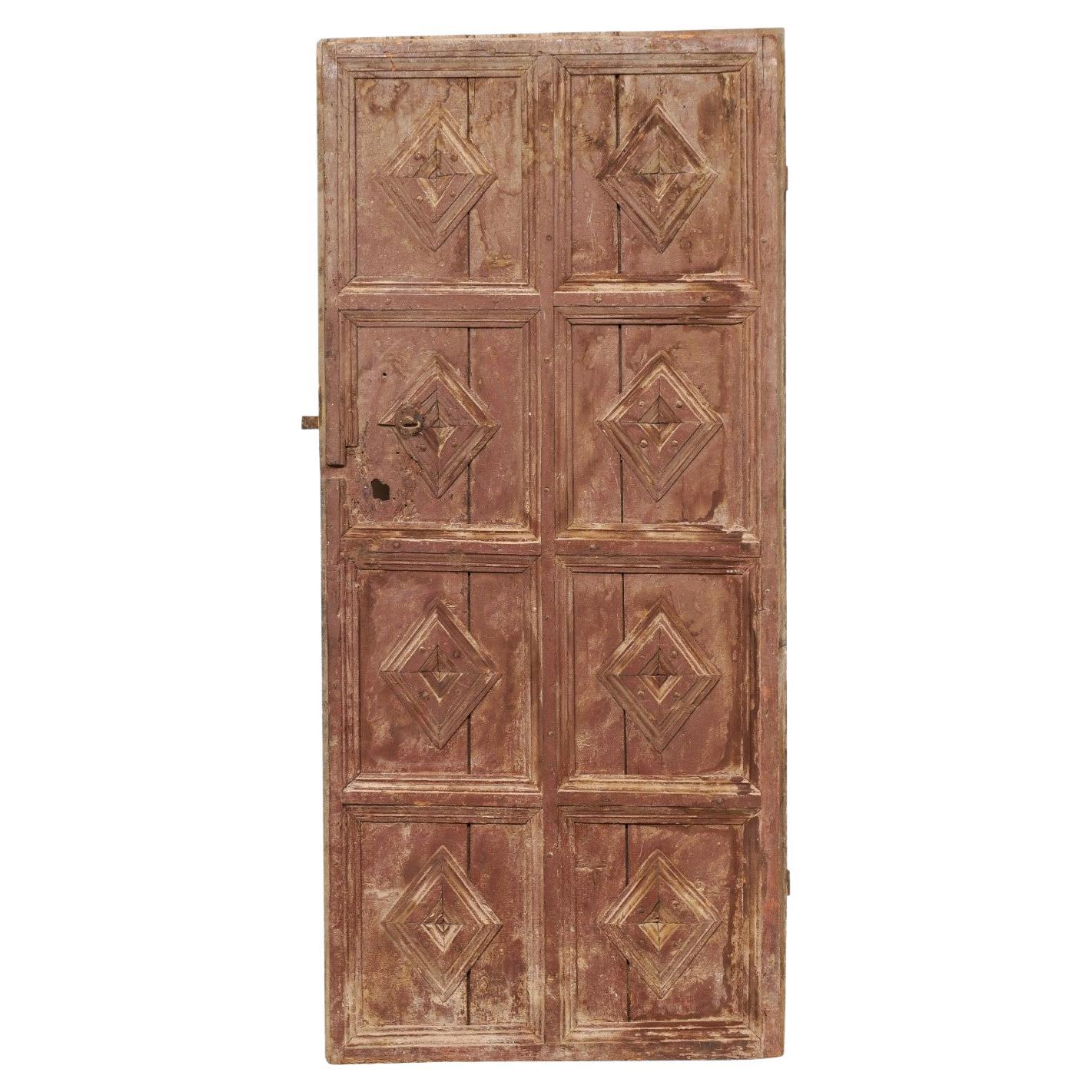 19th C. Spanish Eight-Panel Wood Door with Diamond Motiif & its Original Paint