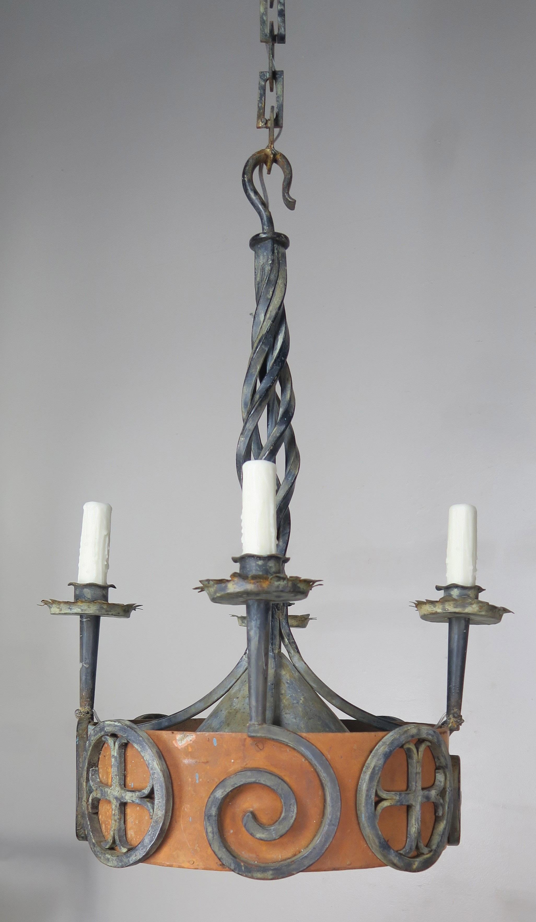 19th century Spanish Gothic style wrought iron painted chandelier. The fixture is newly rewired with drip wax candle covers. Includes chain and canopy.