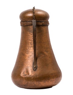 Large Spanish Rustic Hammered Copper Container with Cover, Wrought Iron Handle