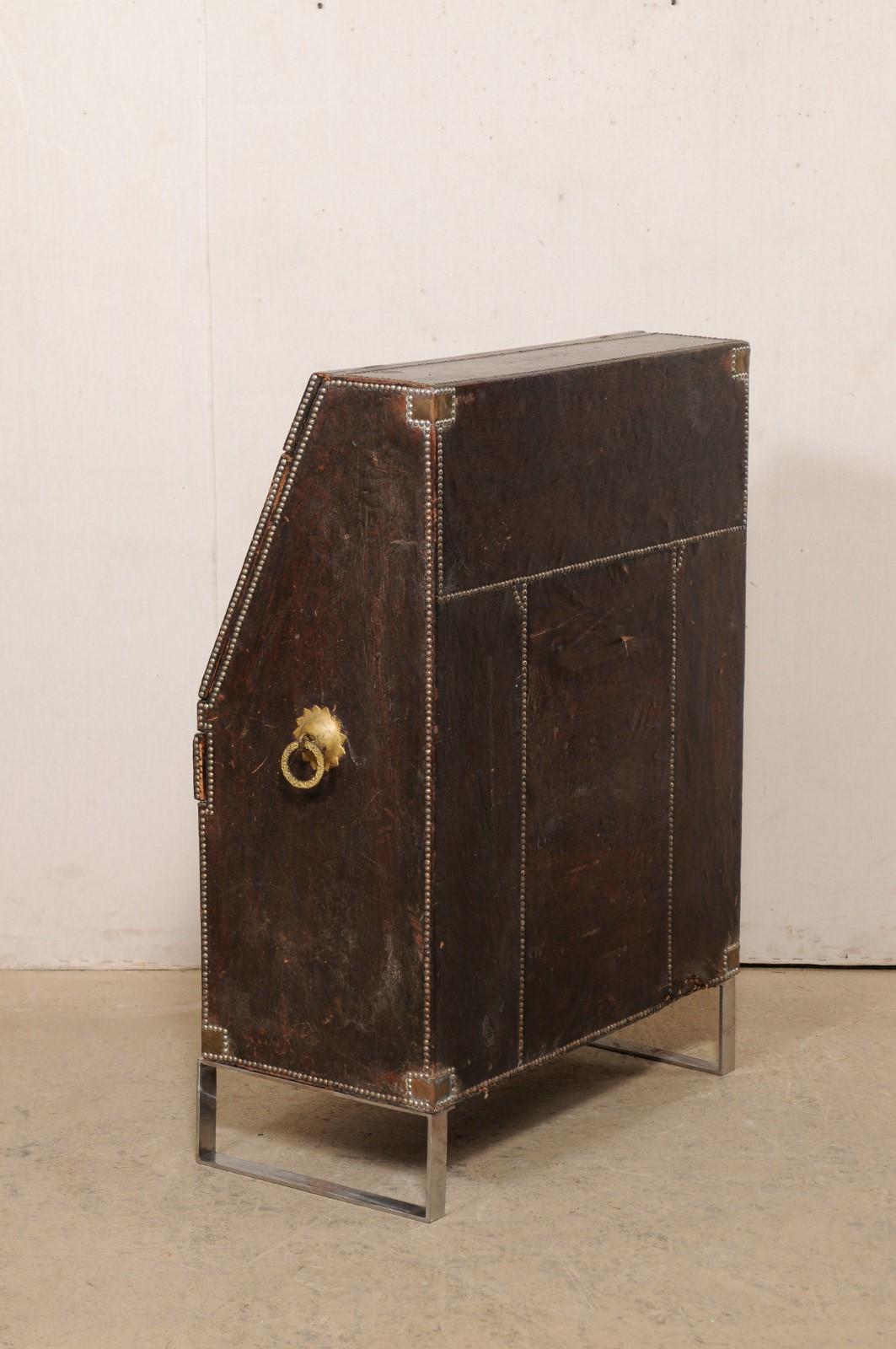 19th C. Spanish Leather-Wrapped Secretary Cabinet on a Custom Iron Base For Sale 5