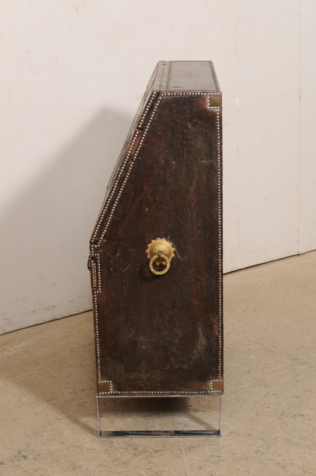 19th C. Spanish Leather-Wrapped Secretary Cabinet on a Custom Iron Base For Sale 6
