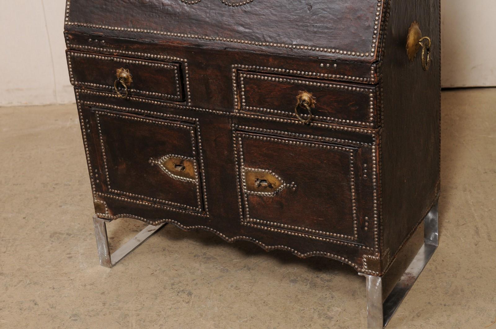 19th C. Spanish Leather-Wrapped Secretary Cabinet on a Custom Iron Base For Sale 7