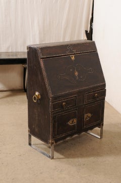 19th C. Spanish Leather-Wrapped Secretary Cabinet on a Custom Iron Base