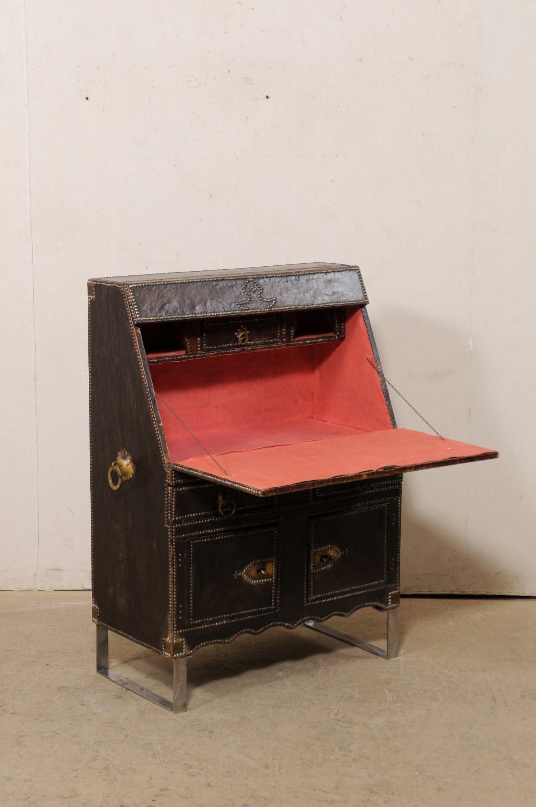 19th C. Spanish Leather-Wrapped Secretary Cabinet on a Custom Iron Base In Good Condition For Sale In Atlanta, GA