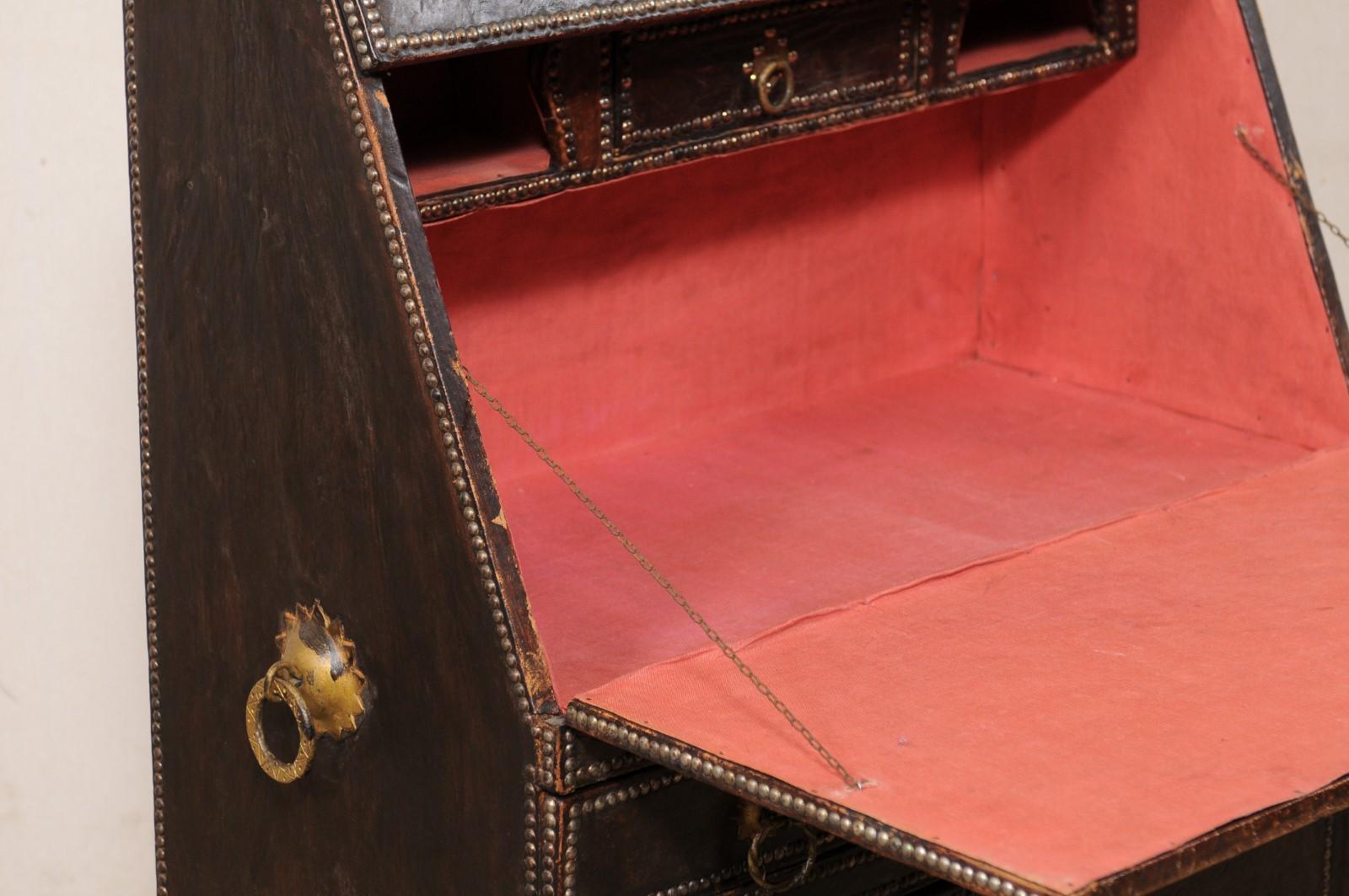 19th Century 19th C. Spanish Leather-Wrapped Secretary Cabinet on a Custom Iron Base For Sale