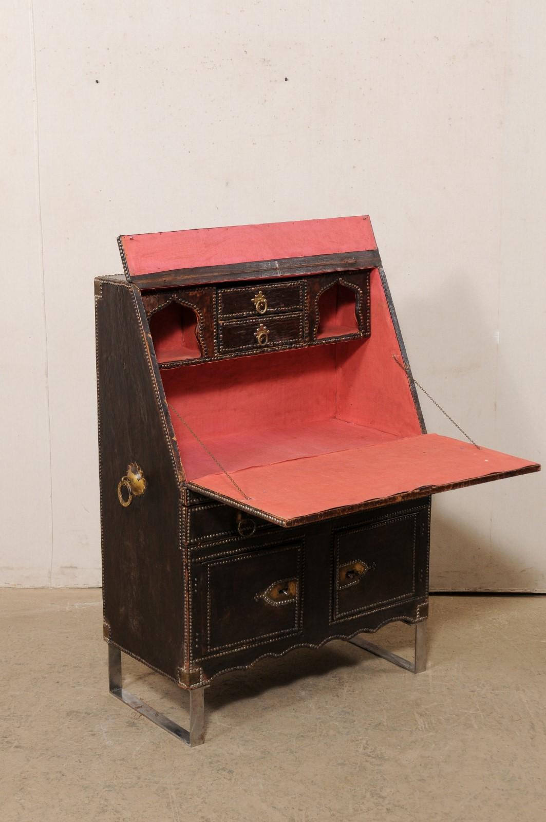 19th C. Spanish Leather-Wrapped Secretary Cabinet on a Custom Iron Base For Sale 1
