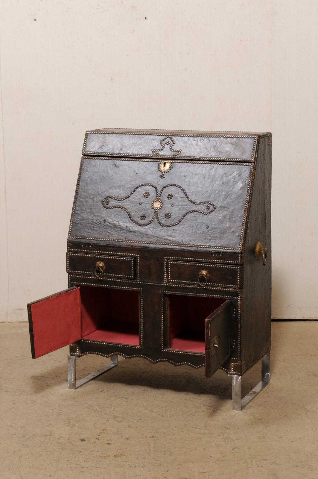 19th C. Spanish Leather-Wrapped Secretary Cabinet on a Custom Iron Base For Sale 2