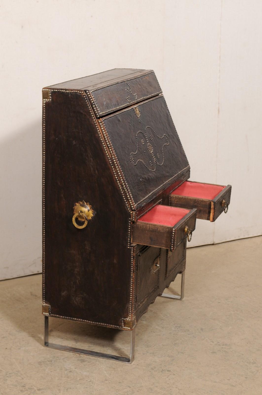 19th C. Spanish Leather-Wrapped Secretary Cabinet on a Custom Iron Base For Sale 3