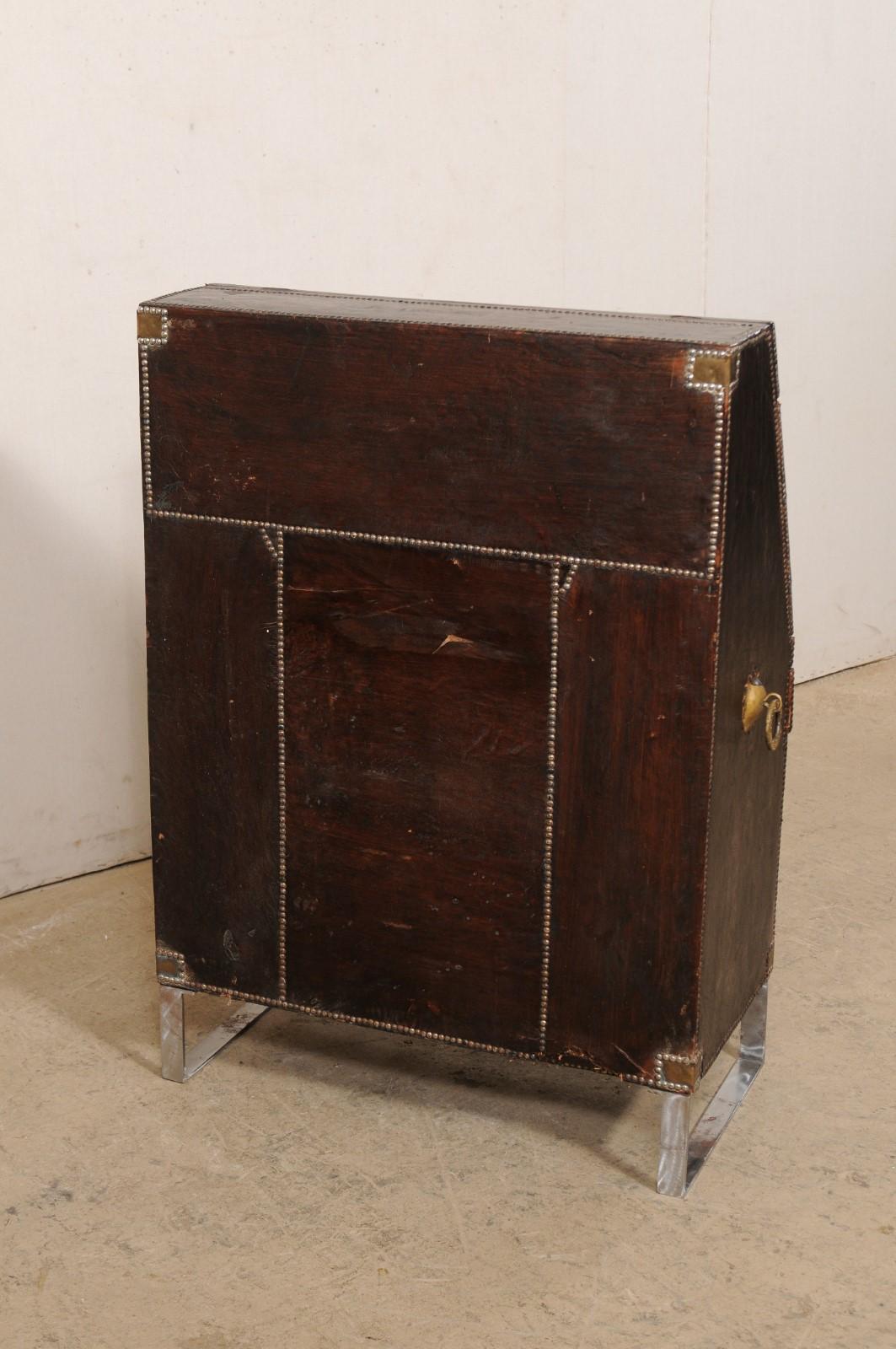 19th C. Spanish Leather-Wrapped Secretary Cabinet on a Custom Iron Base For Sale 4