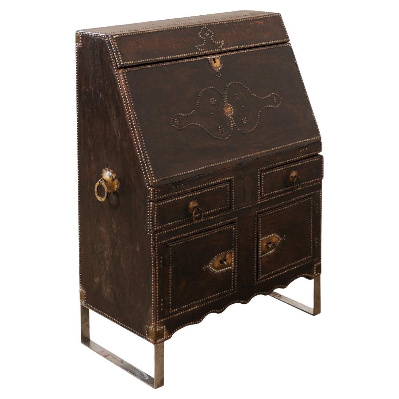 19th C. Spanish Leather-Wrapped Secretary Cabinet on a Custom Iron Base