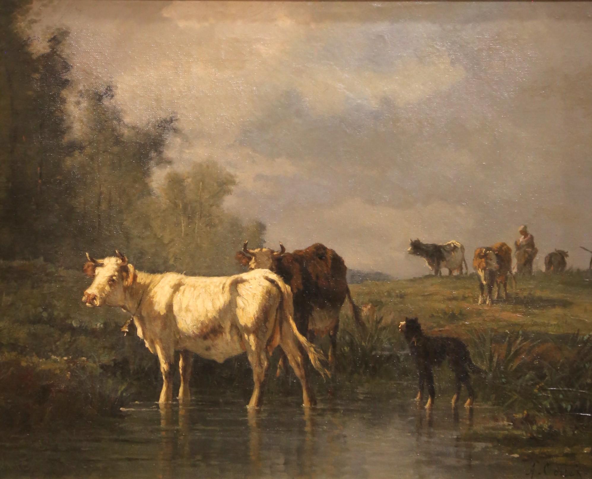 Spagnolo Pittura a olio spagnola del XIX secolo con bovini, firmata Antonio Cortes e con cornice in legno dorato in vendita
