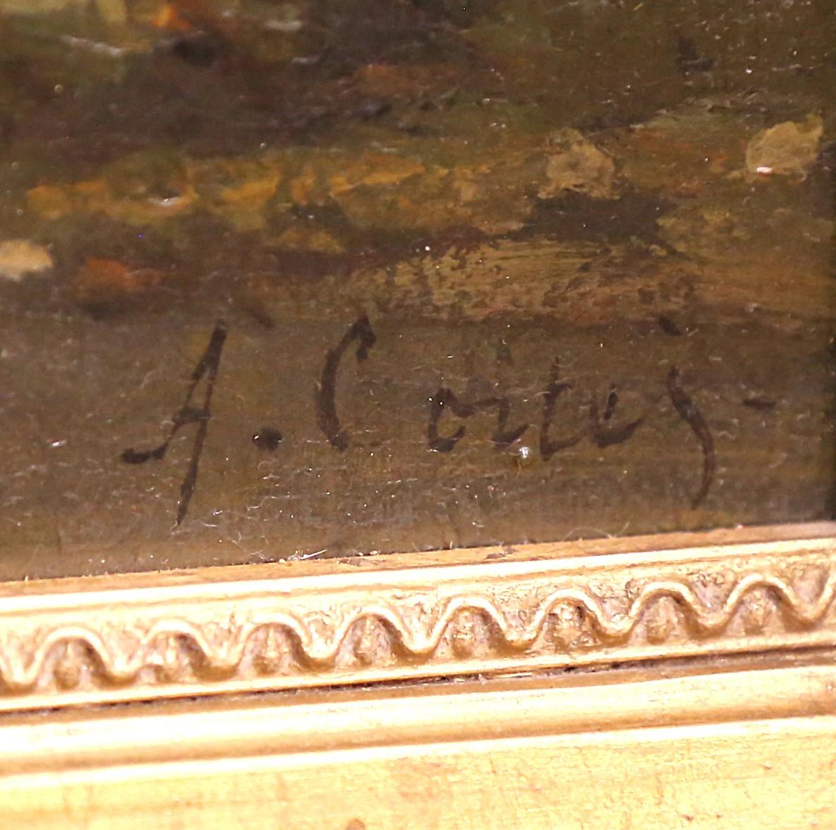 Intagliato Pittura a olio spagnola del XIX secolo con bovini, firmata Antonio Cortes e con cornice in legno dorato in vendita