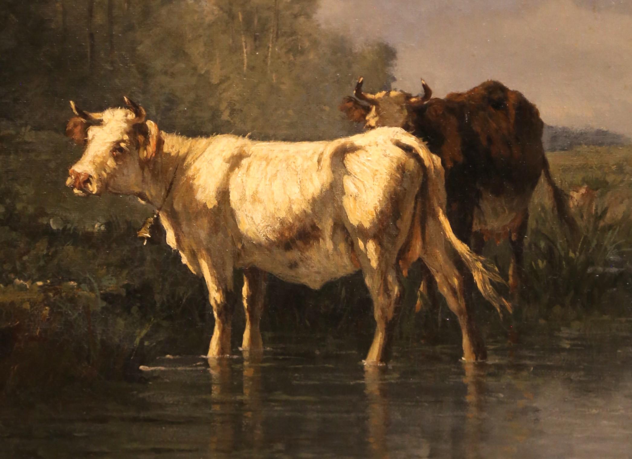 Pittura a olio spagnola del XIX secolo con bovini, firmata Antonio Cortes e con cornice in legno dorato In condizioni ottime in vendita a Dallas, TX