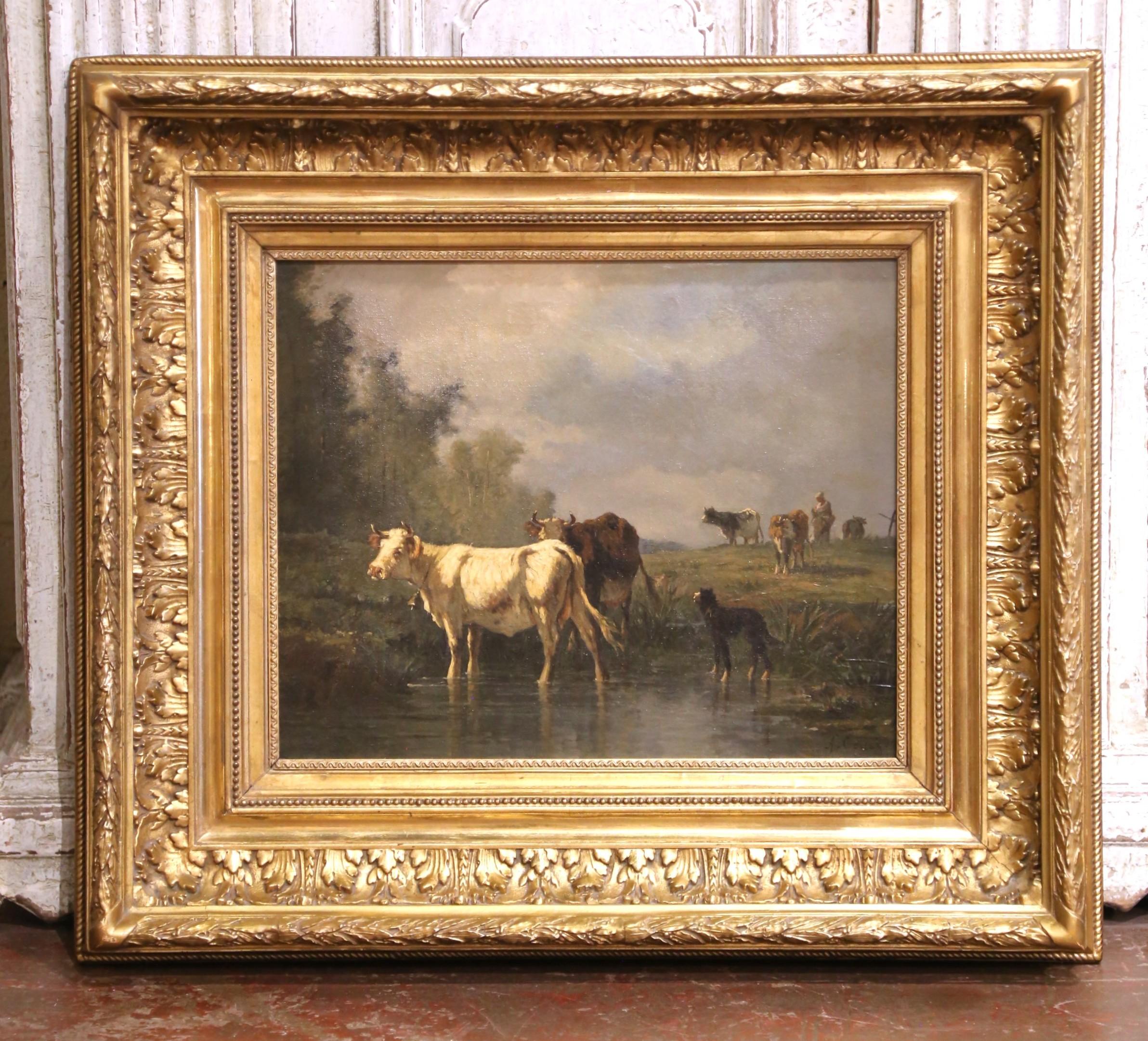 Legno dorato Pittura a olio spagnola del XIX secolo con bovini, firmata Antonio Cortes e con cornice in legno dorato in vendita