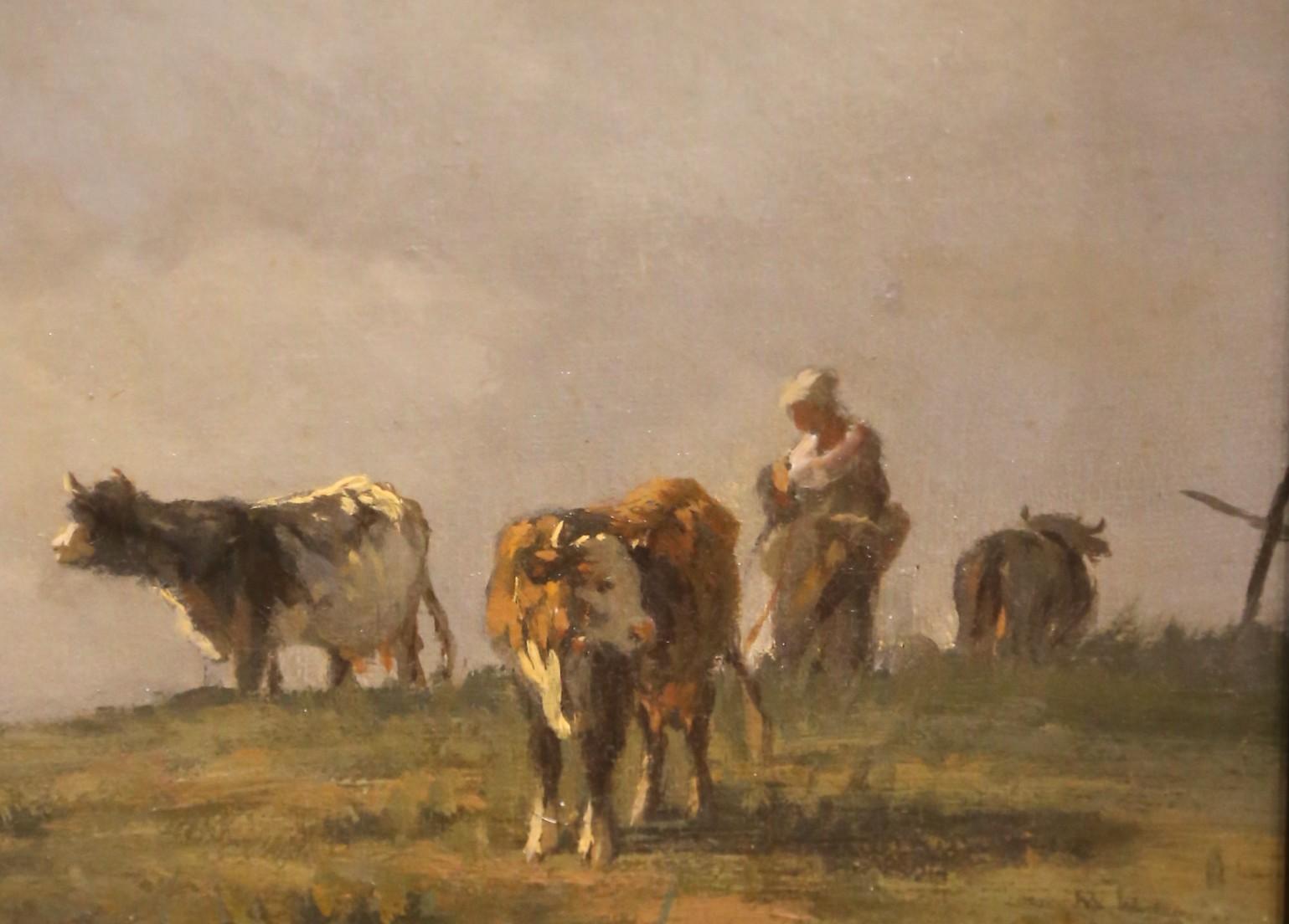Pittura a olio spagnola del XIX secolo con bovini, firmata Antonio Cortes e con cornice in legno dorato in vendita 1