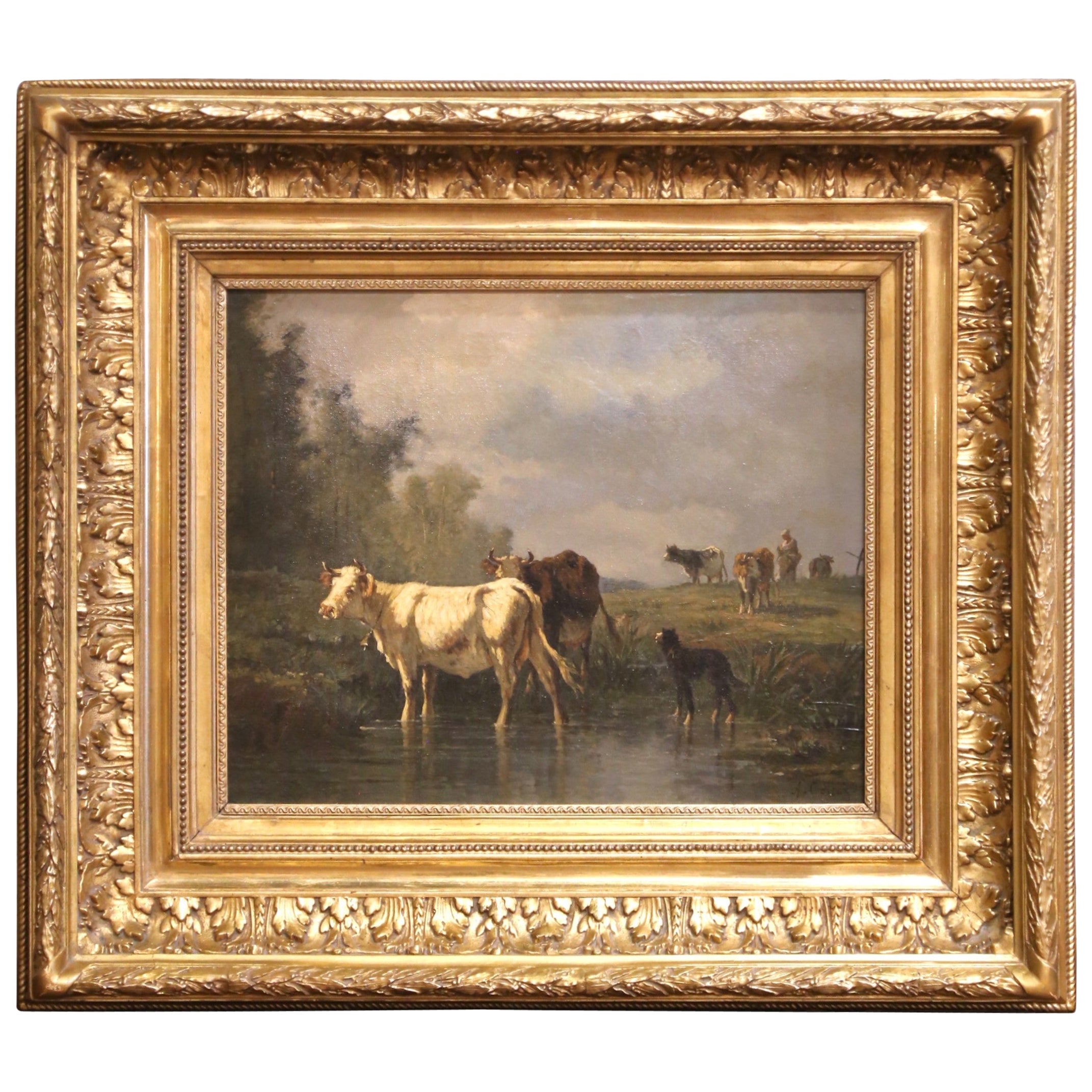 Pittura a olio spagnola del XIX secolo con bovini, firmata Antonio Cortes e con cornice in legno dorato in vendita
