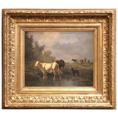 Pittura a olio spagnola del XIX secolo con bovini, firmata Antonio Cortes e con cornice in legno dorato