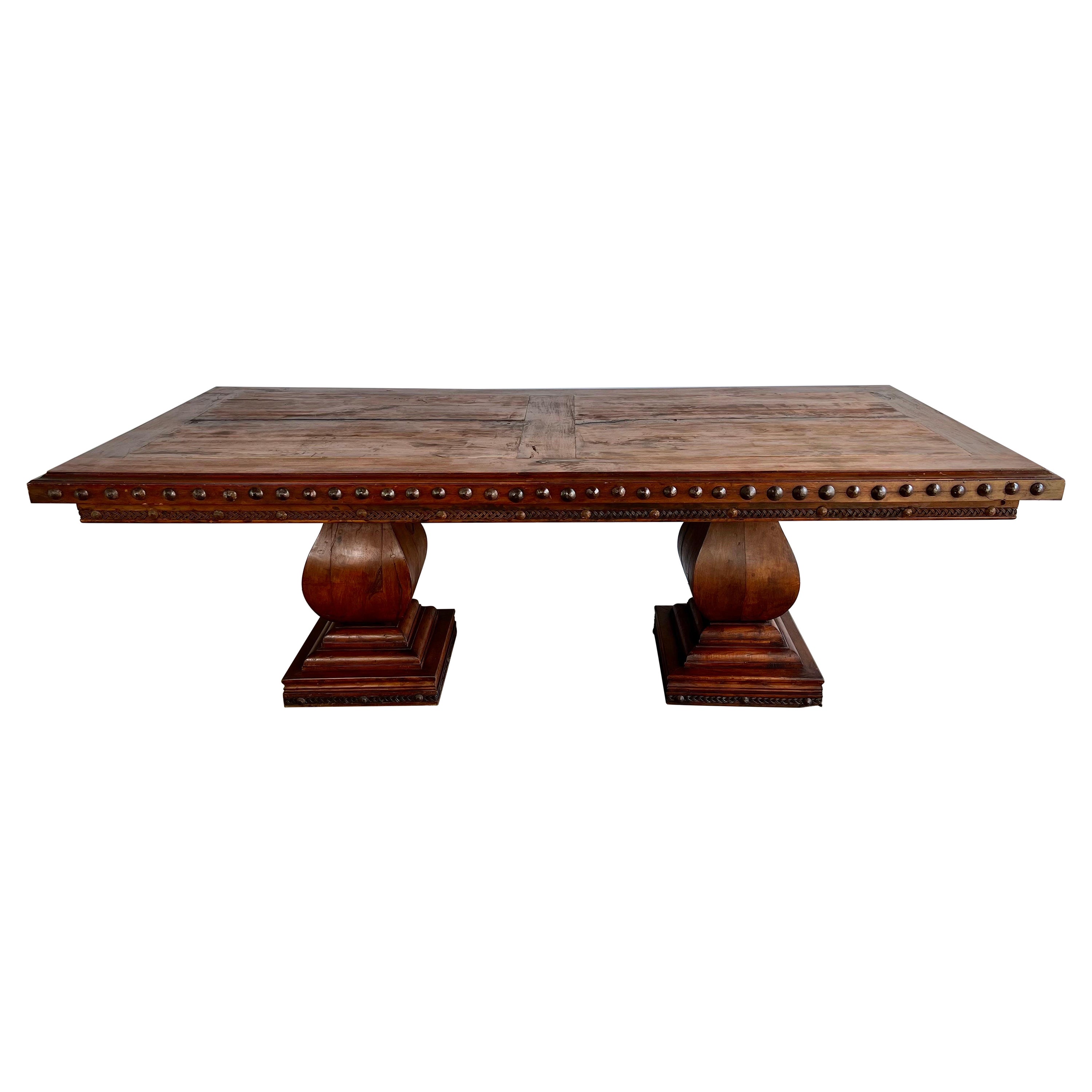 19th C. Spanish Pedestal Dining Table with Nailhead Trim Detail