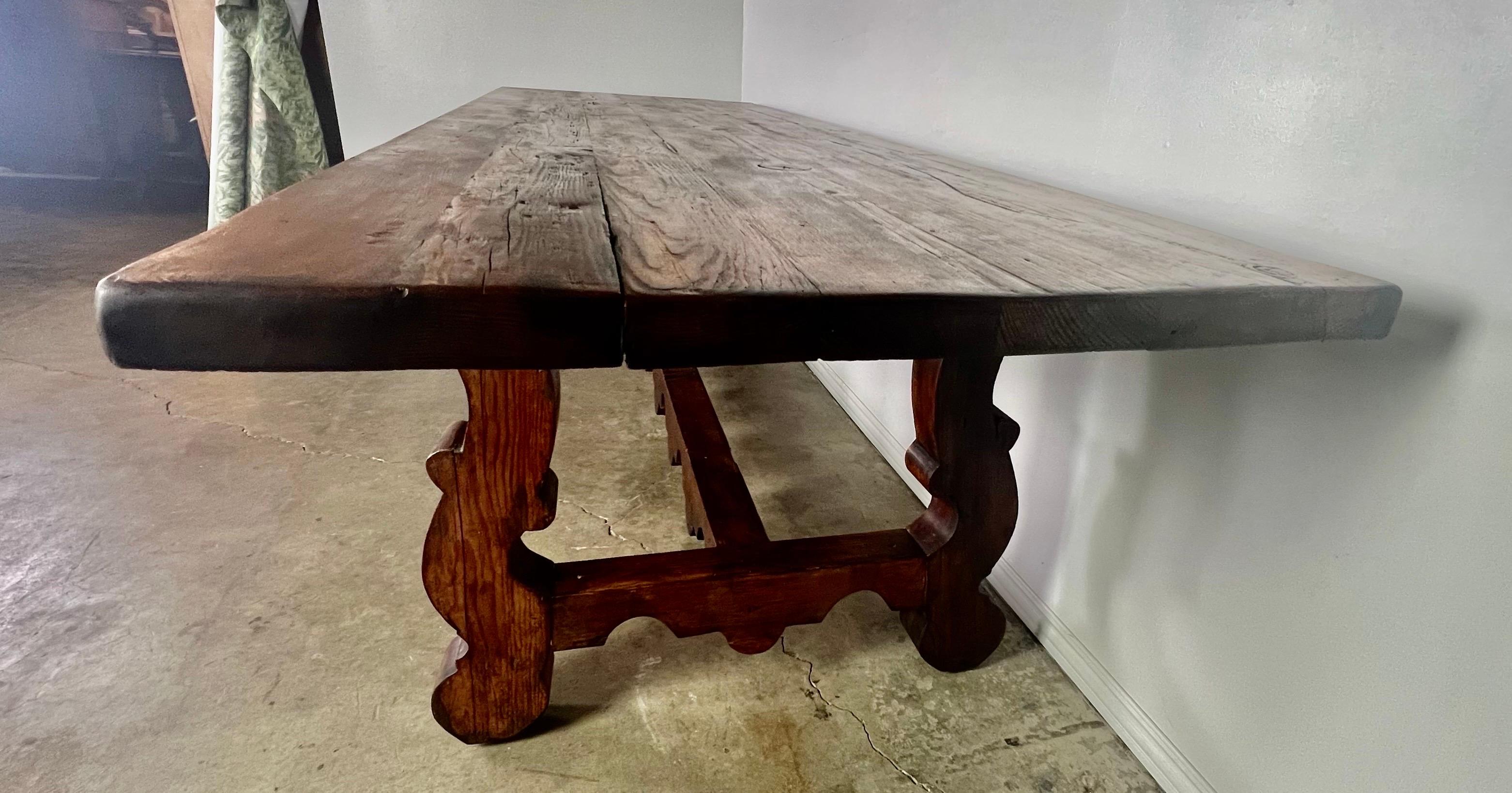 19th C Spanish Pine Refractory Style Dining Table In Distressed Condition In Los Angeles, CA