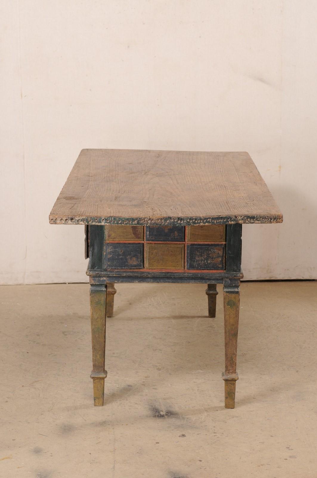 19th C. Spanish Table W/Drawers & Geometric Carved Apron Has Wonderful Colors For Sale 5