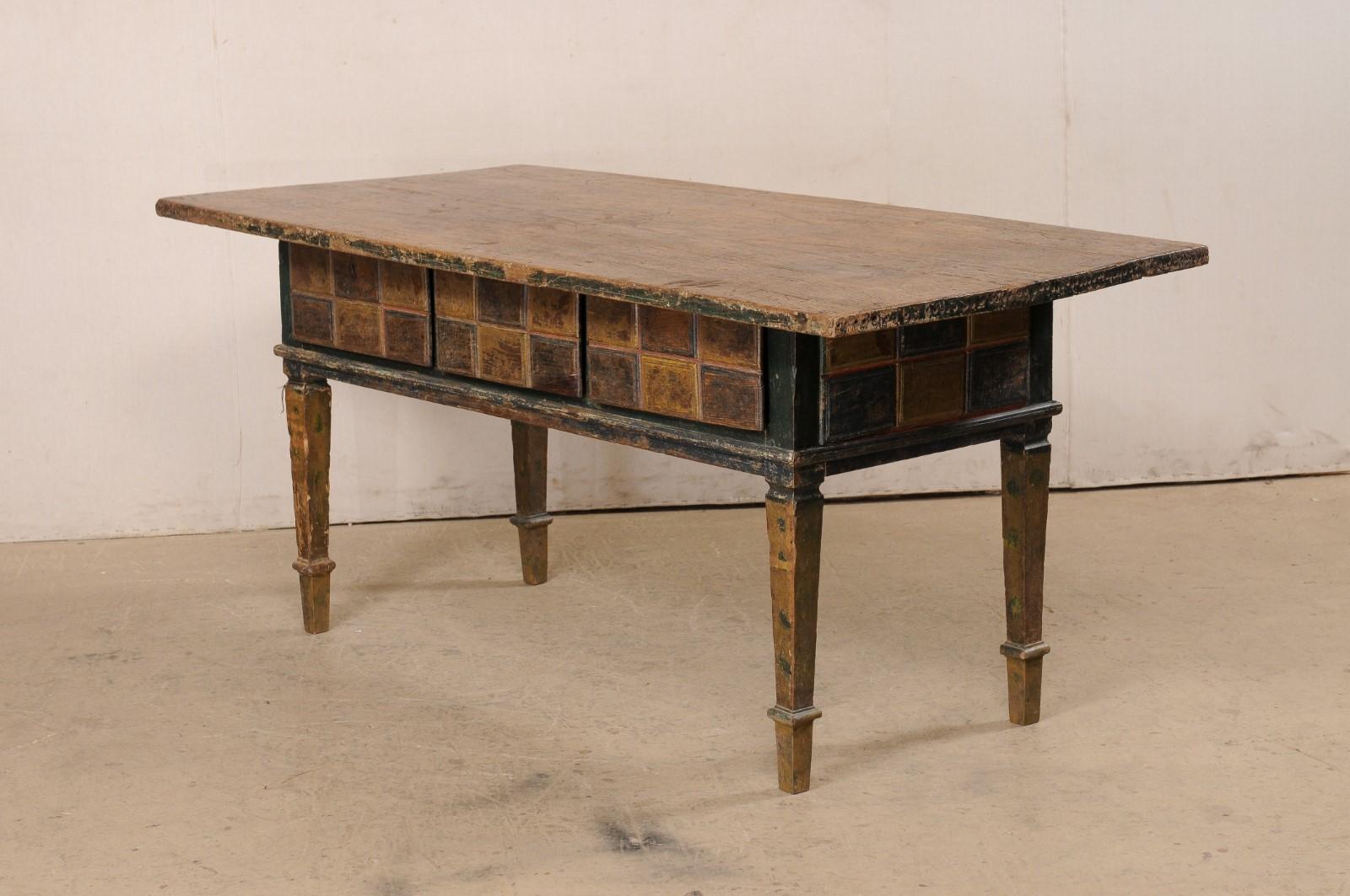19th C. Spanish Table W/Drawers & Geometric Carved Apron Has Wonderful Colors For Sale 6