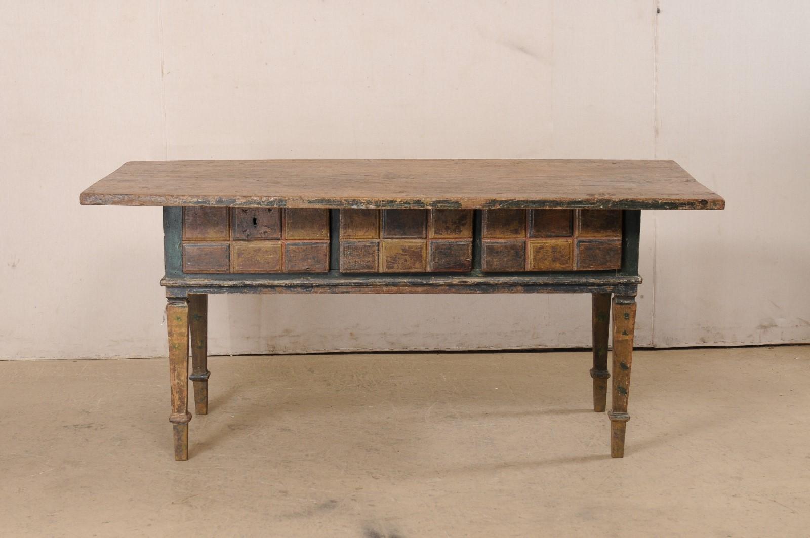 19th C. Spanish Table W/Drawers & Geometric Carved Apron Has Wonderful Colors For Sale 7