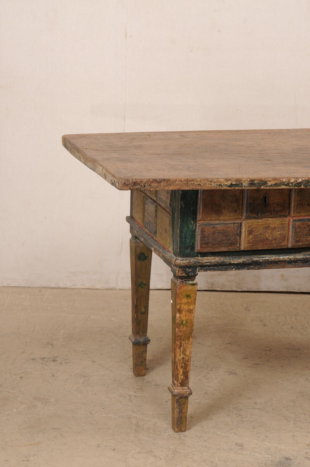 19th C. Spanish Table W/Drawers & Geometric Carved Apron Has Wonderful Colors In Good Condition For Sale In Atlanta, GA