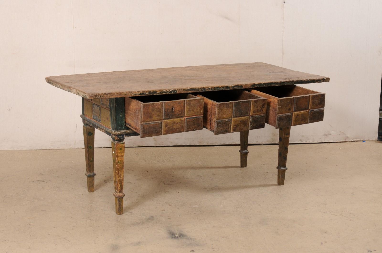 19th Century 19th C. Spanish Table W/Drawers & Geometric Carved Apron Has Wonderful Colors For Sale