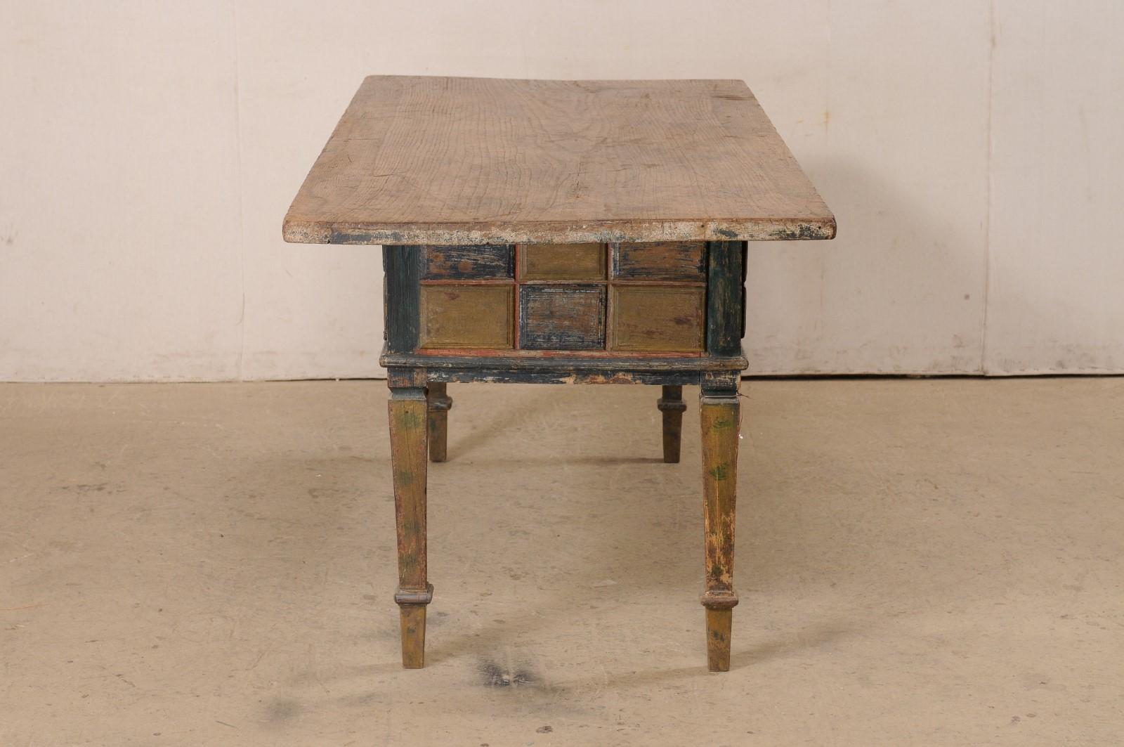19th C. Spanish Table W/Drawers & Geometric Carved Apron Has Wonderful Colors For Sale 1