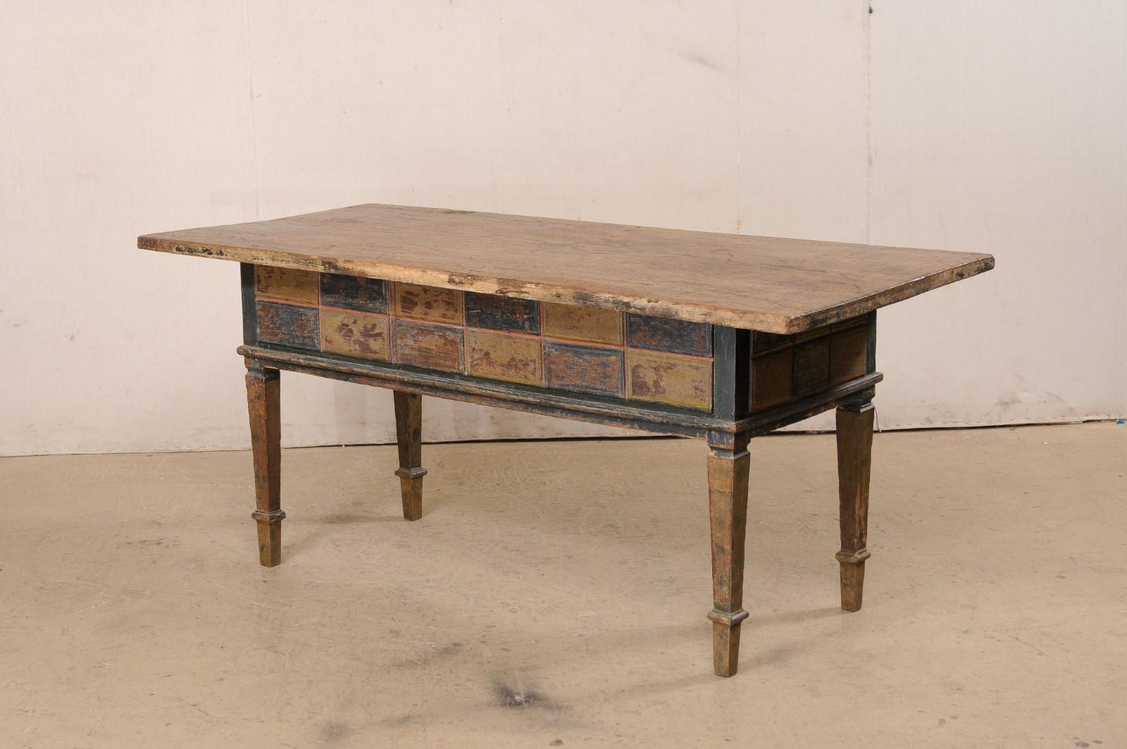 19th C. Spanish Table W/Drawers & Geometric Carved Apron Has Wonderful Colors For Sale 2
