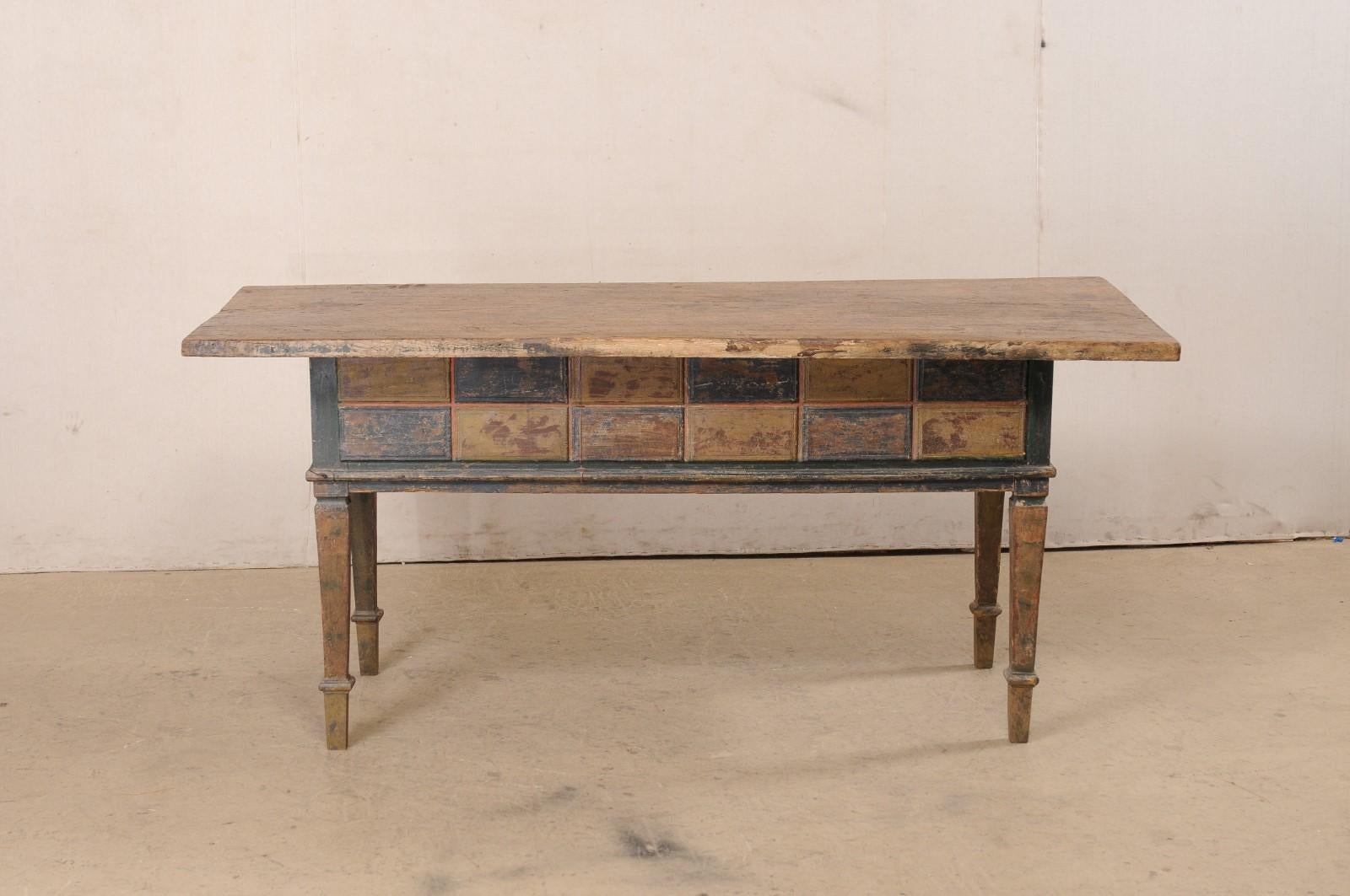 19th C. Spanish Table W/Drawers & Geometric Carved Apron Has Wonderful Colors For Sale 3