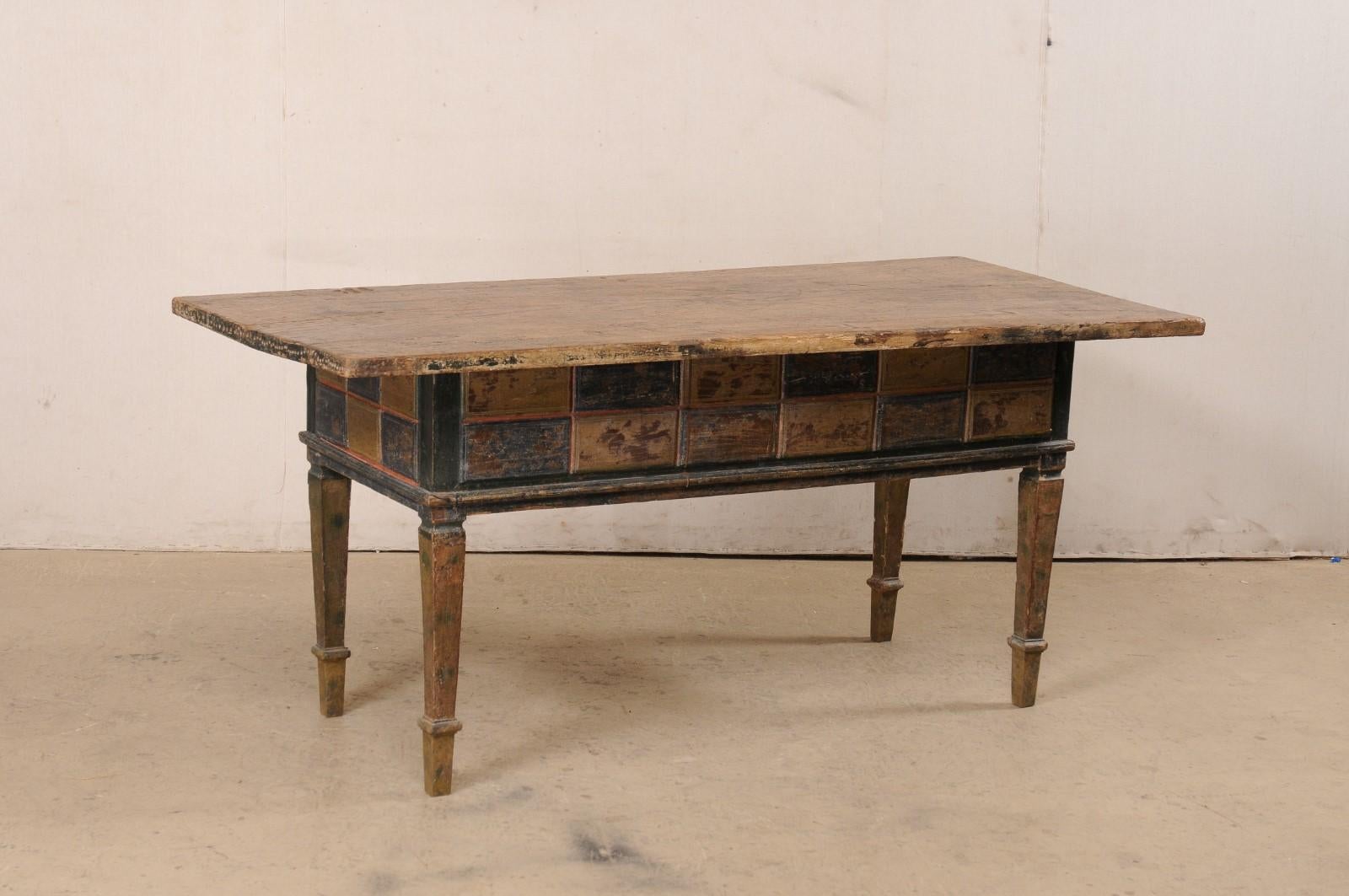 19th C. Spanish Table W/Drawers & Geometric Carved Apron Has Wonderful Colors For Sale 4